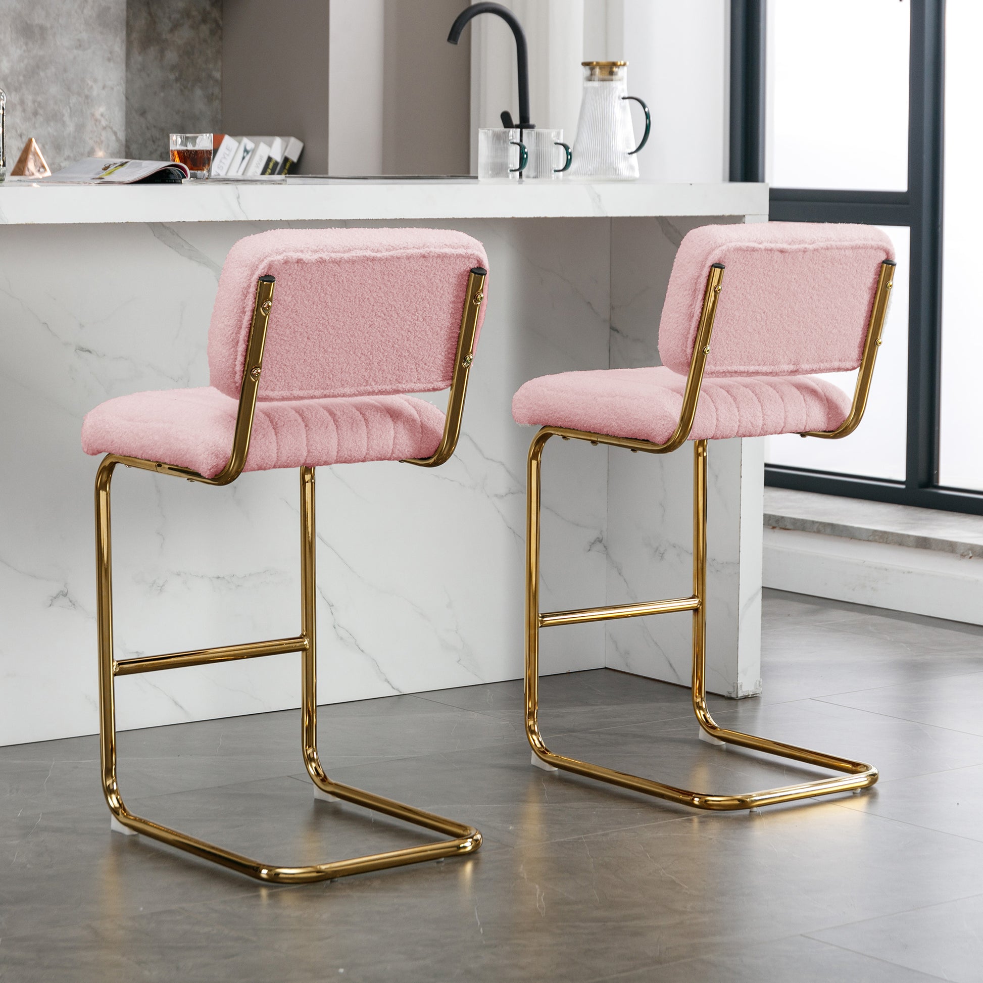 Mid Century Modern Counter Height Bar Stools for pink-faux fur