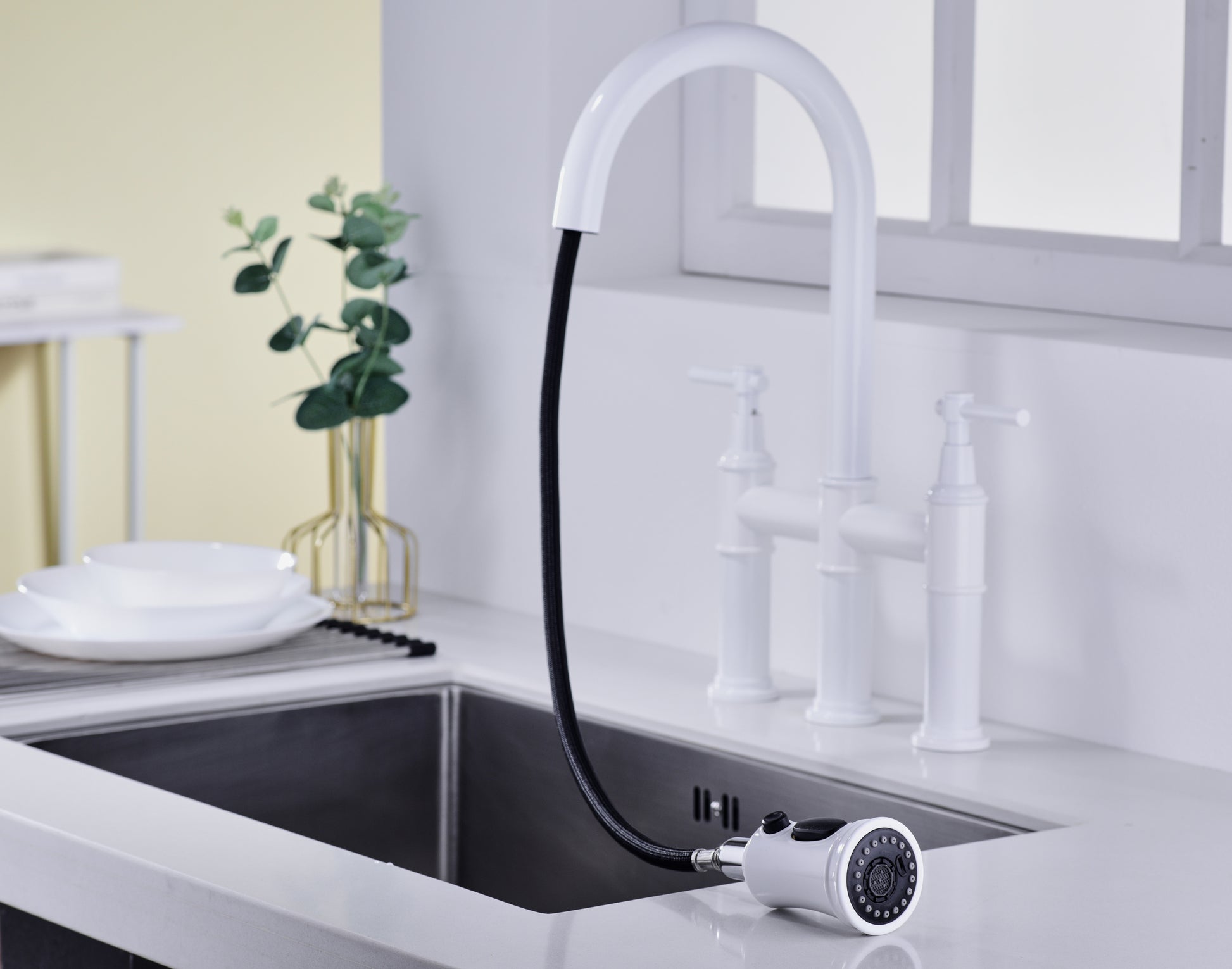 Bridge Kitchen Faucet with Pull Down Sprayhead in Spot white-brass