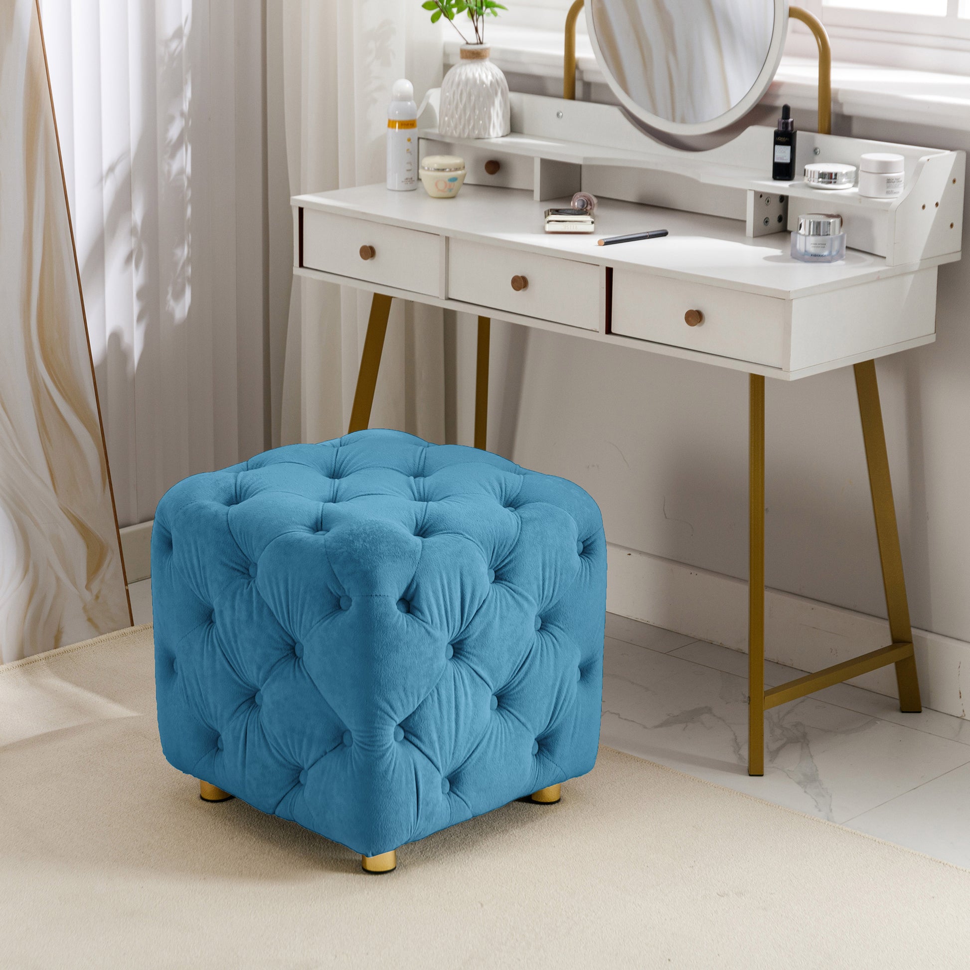 Blue Modern Velvet Upholstered Ottoman, Exquisite blue-velvet