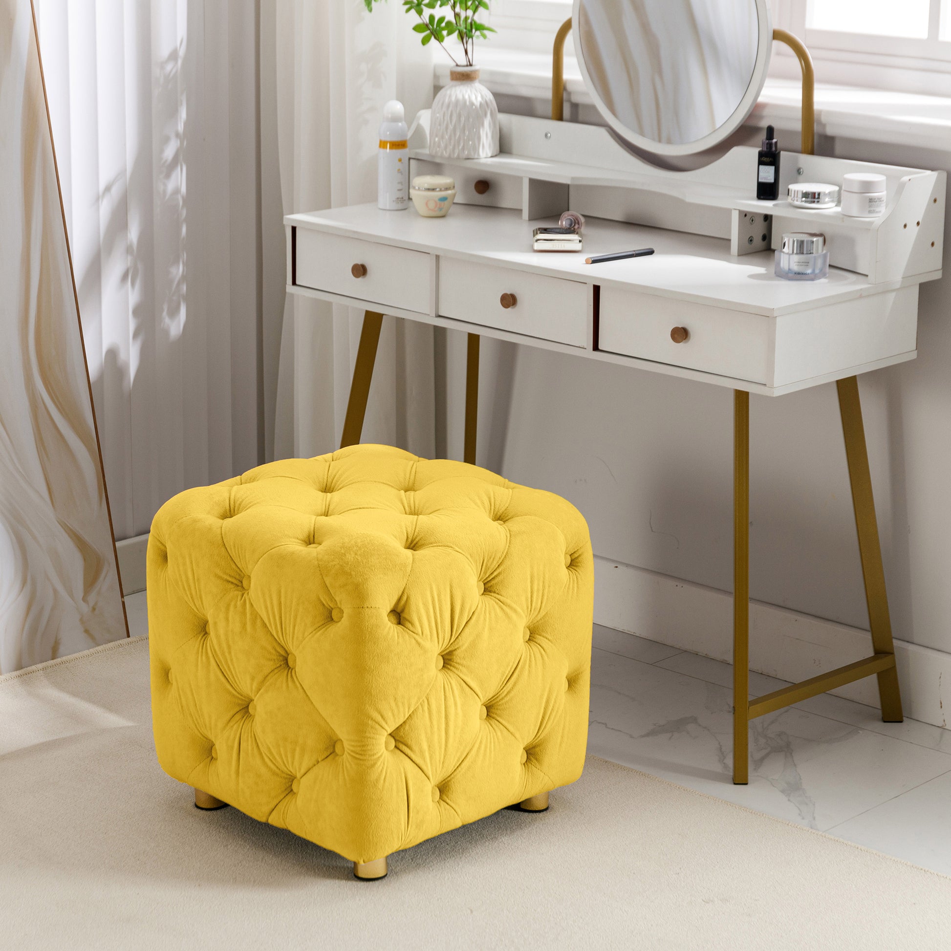 Yellow Modern Velvet Upholstered Ottoman, Exquisite yellow-velvet