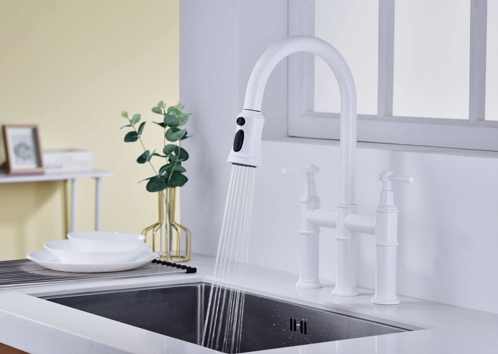 Bridge Kitchen Faucet with Pull Down Sprayhead in Spot white-brass