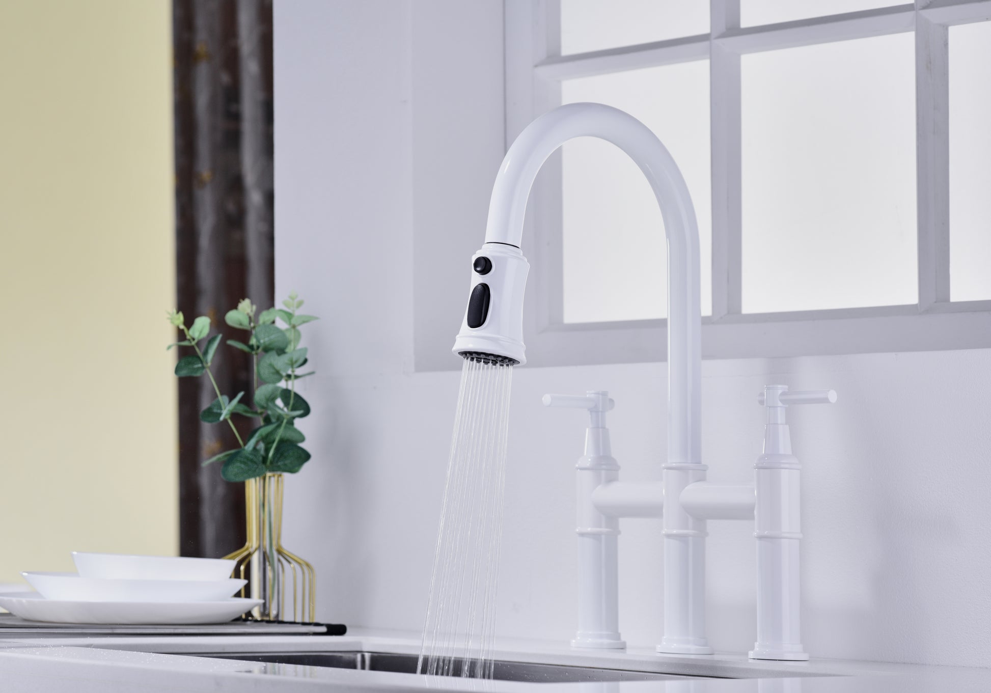 Bridge Kitchen Faucet with Pull Down Sprayhead in Spot white-brass