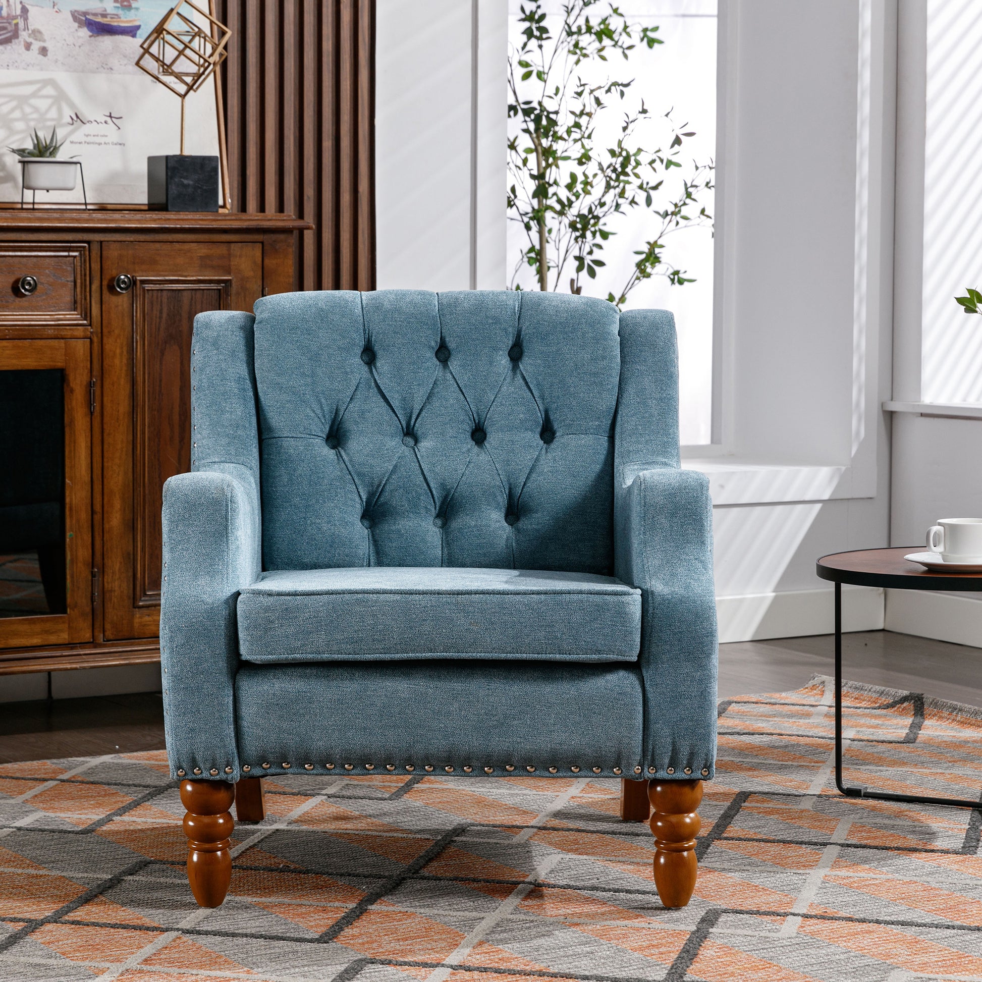 Blue Accent Chair, Living Room Chair, Footrest Chair blue-linen