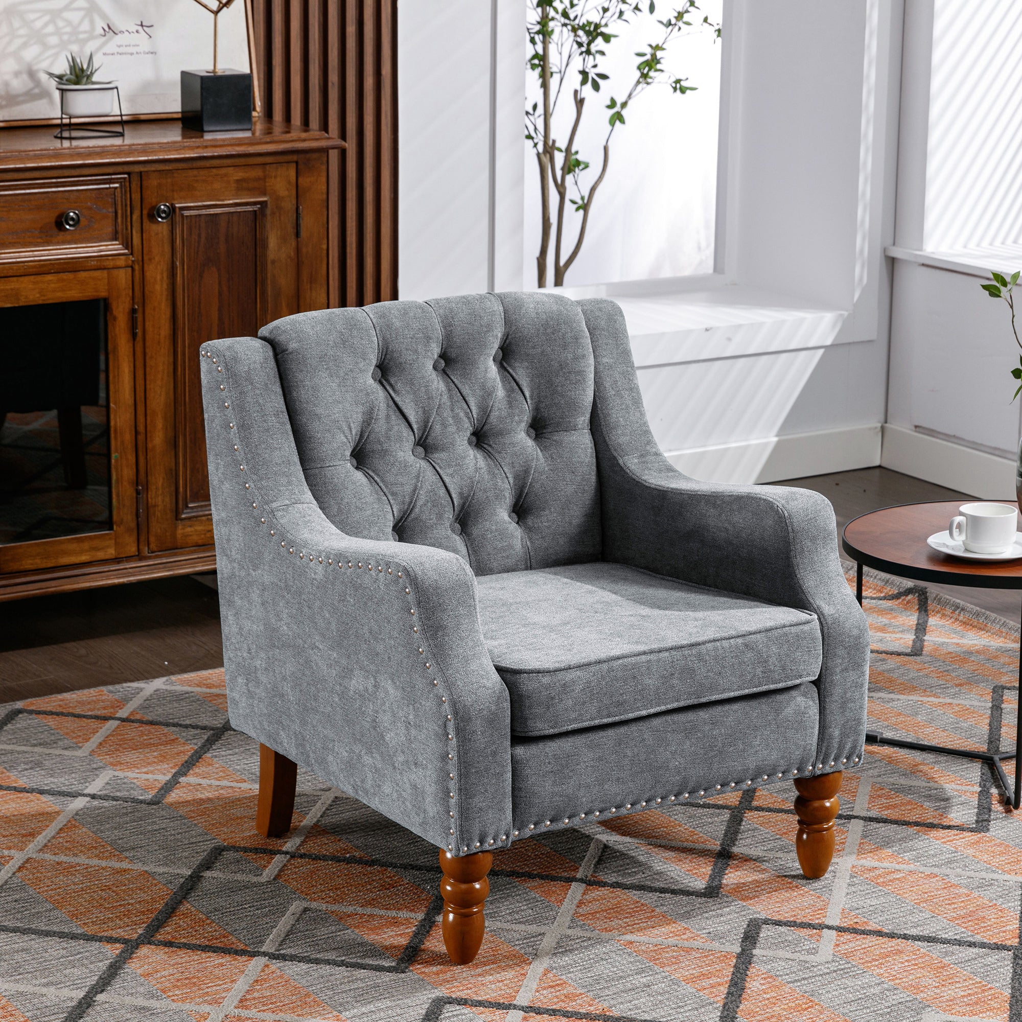 Grey Accent Chair, Living Room Chair, Footrest Chair grey-linen