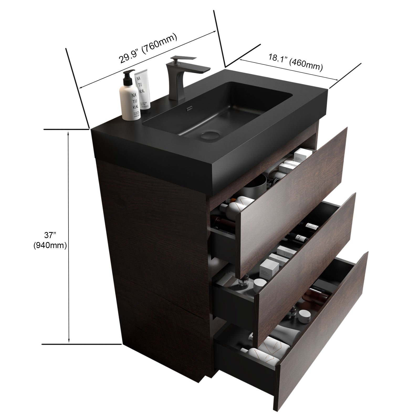 Alice 30" Walnut Bathroom Vanity with Sink, Large walnut+black-melamine