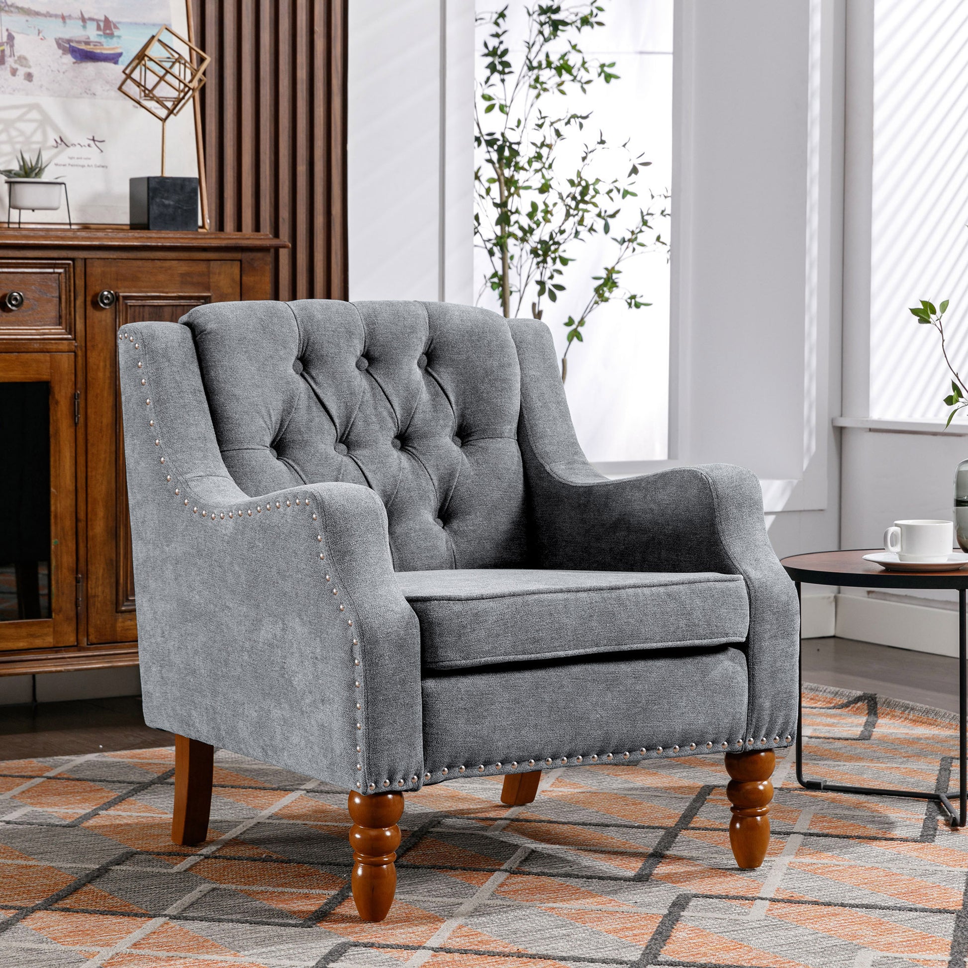 Grey Accent Chair, Living Room Chair, Footrest Chair grey-linen