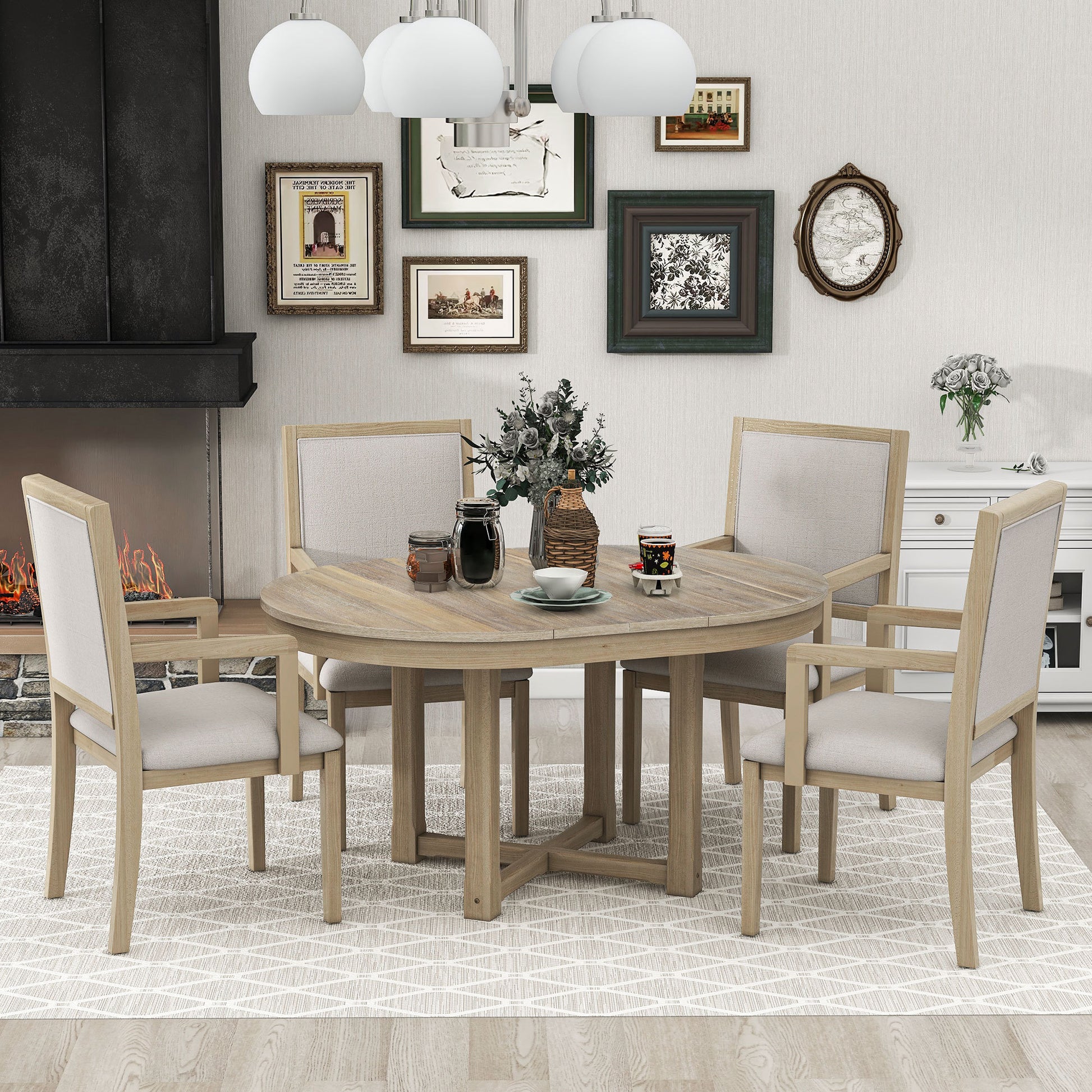 5 Piece Dining Table Set, Two Size Round To Oval natural wood wash-solid wood+mdf