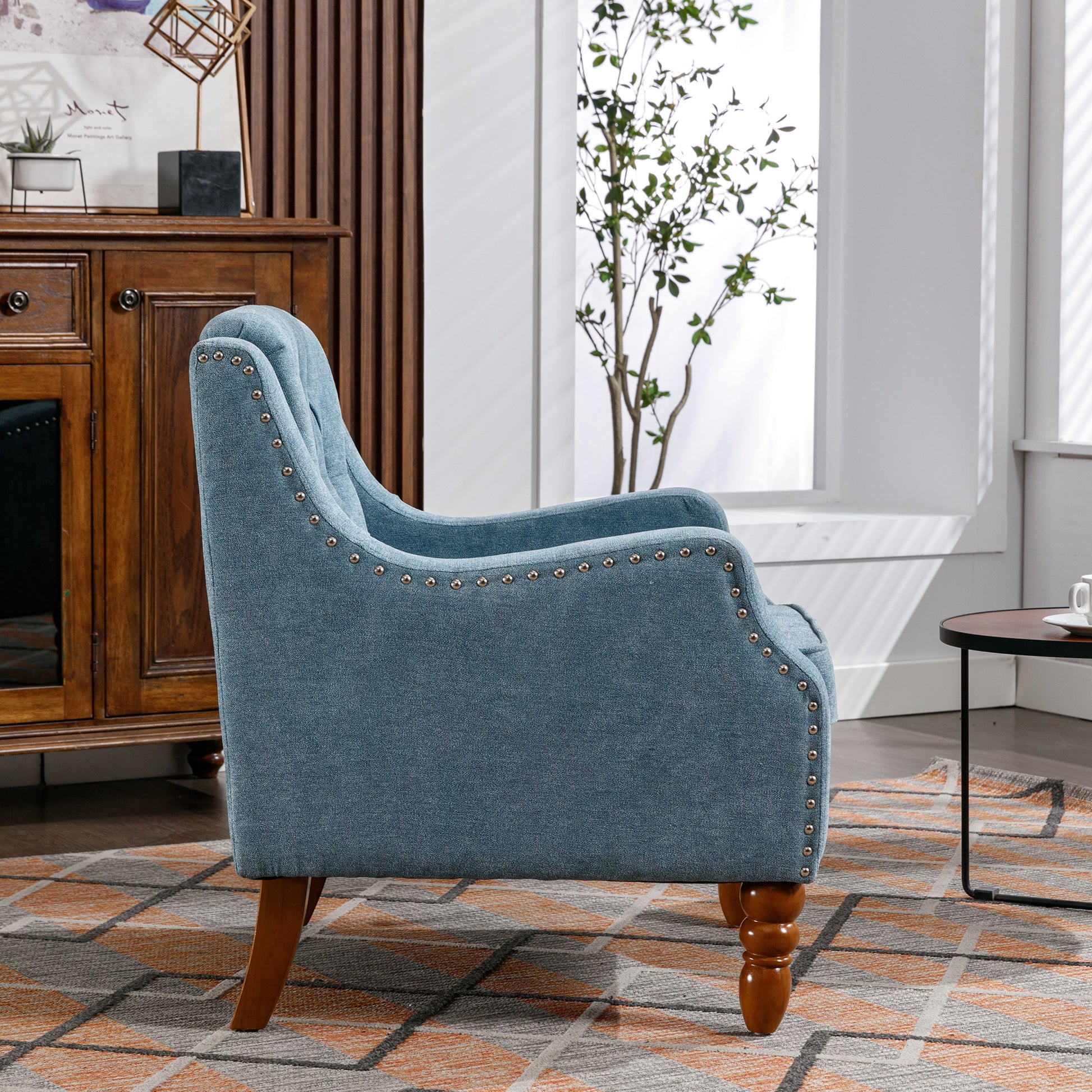 Blue Accent Chair, Living Room Chair, Footrest Chair blue-linen