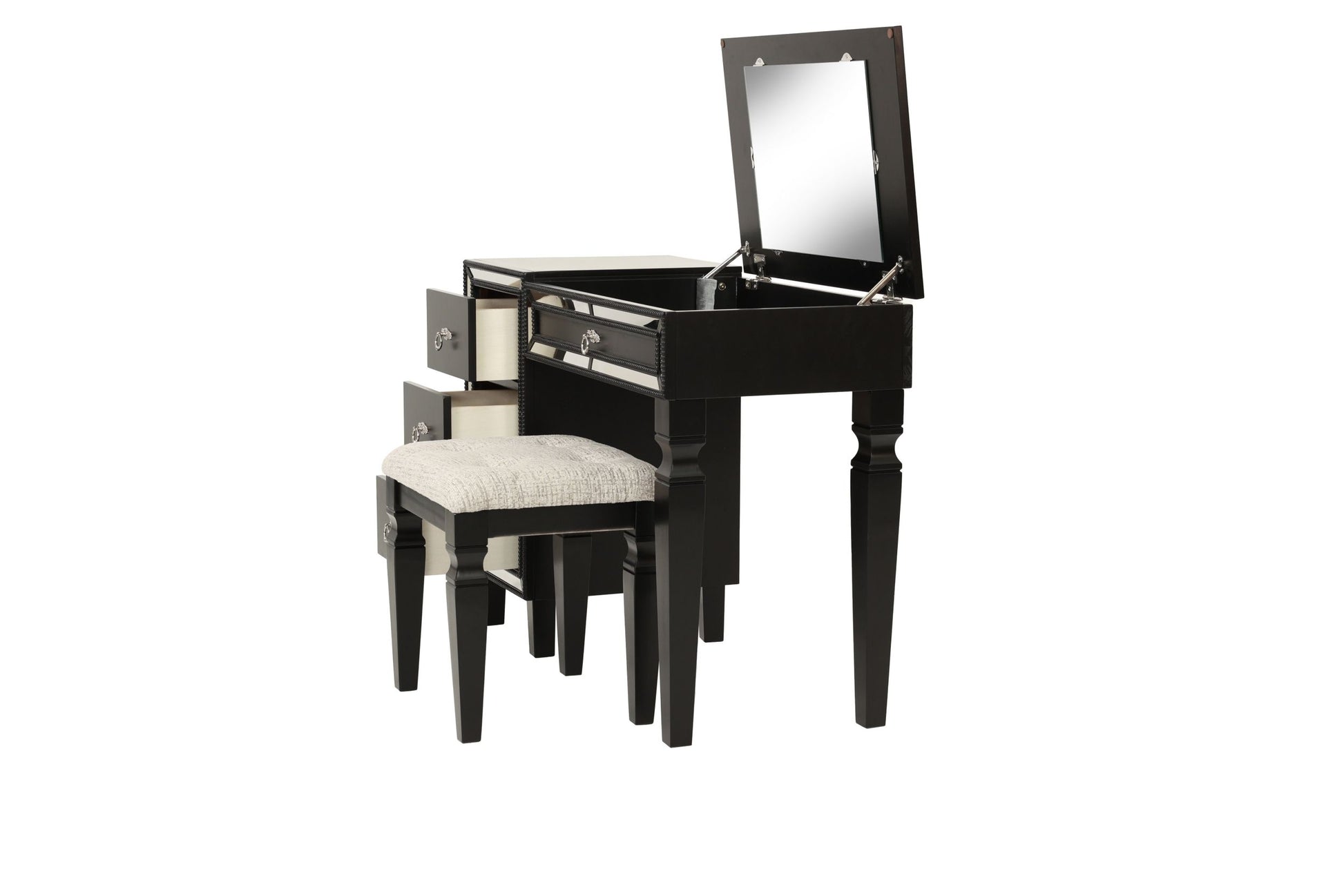 Traditional Formal Black Color Vanity Set w Stool black-bedroom-traditional-poplar-rubber wood