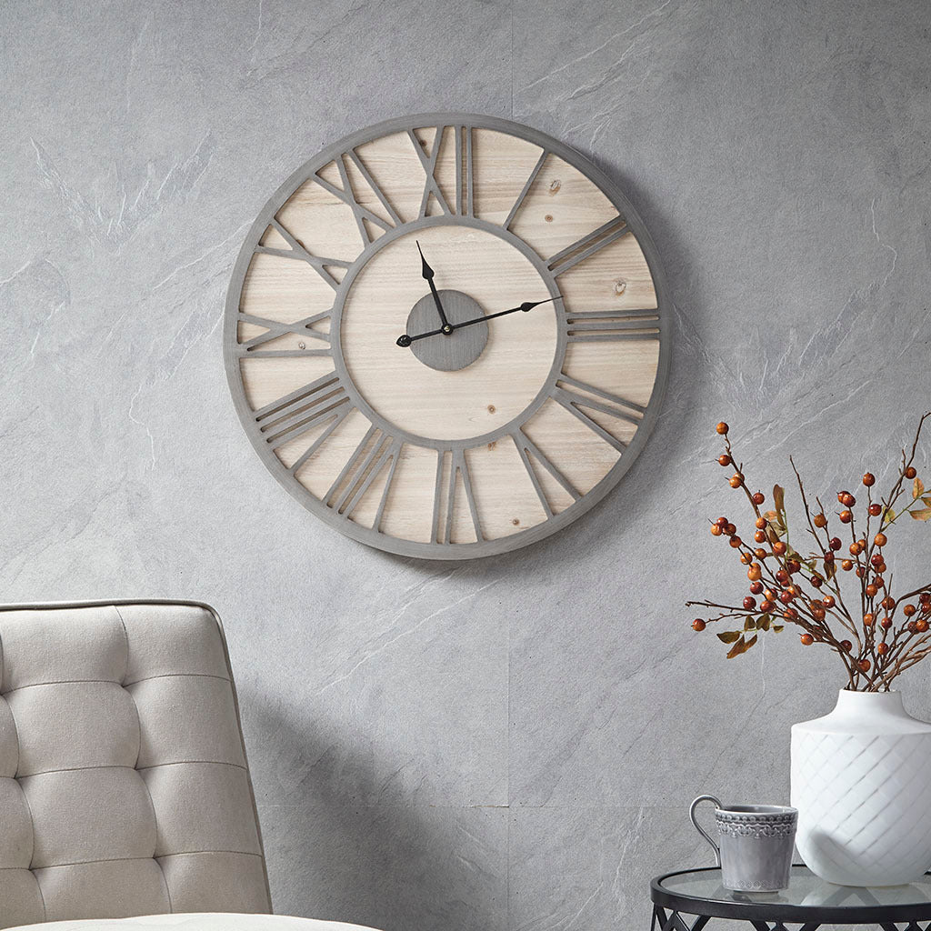 23.6" Wood Wall Clock natural+grey-mdf