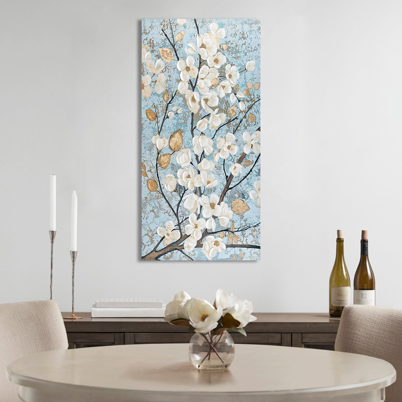 Gold Foil and Hand Embellished Floral Canvas Wall Art blue-wood