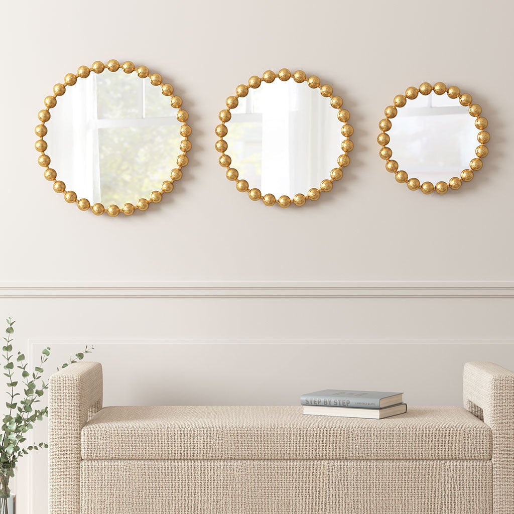 Gold Beaded Round Wall Mirror 3 piece set gold-mdf