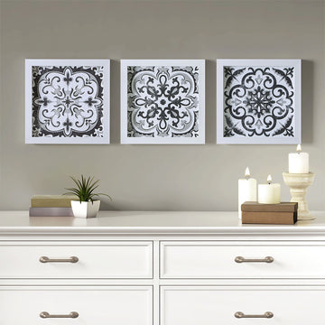 Distressed Black and White Medallion Tile 3 piece