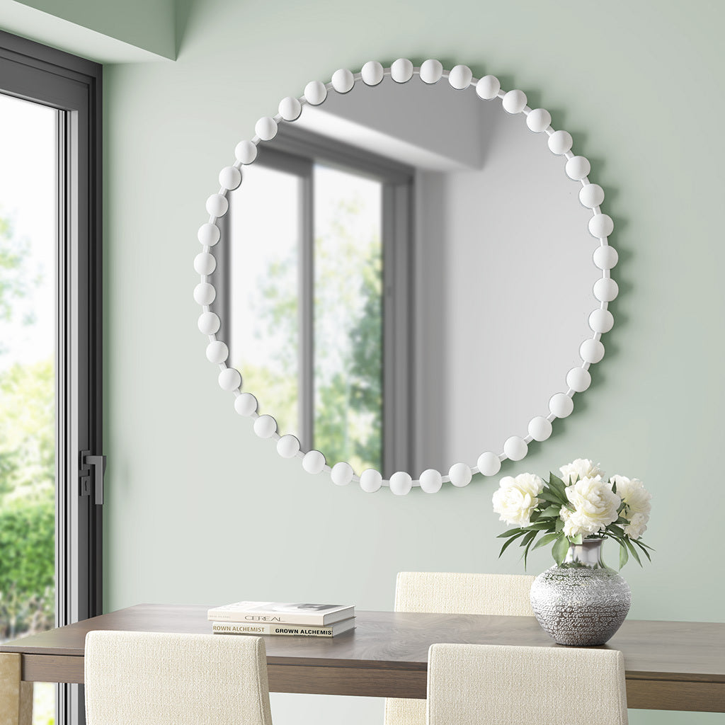 Beaded Round Wall Mirror 36"D white-mdf