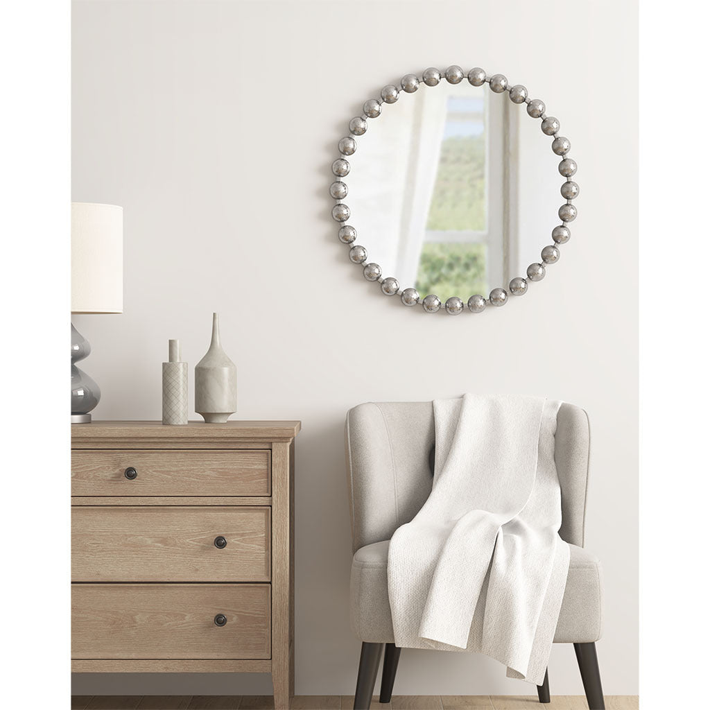 Beaded Round Wall Mirror 27"D silver-mdf