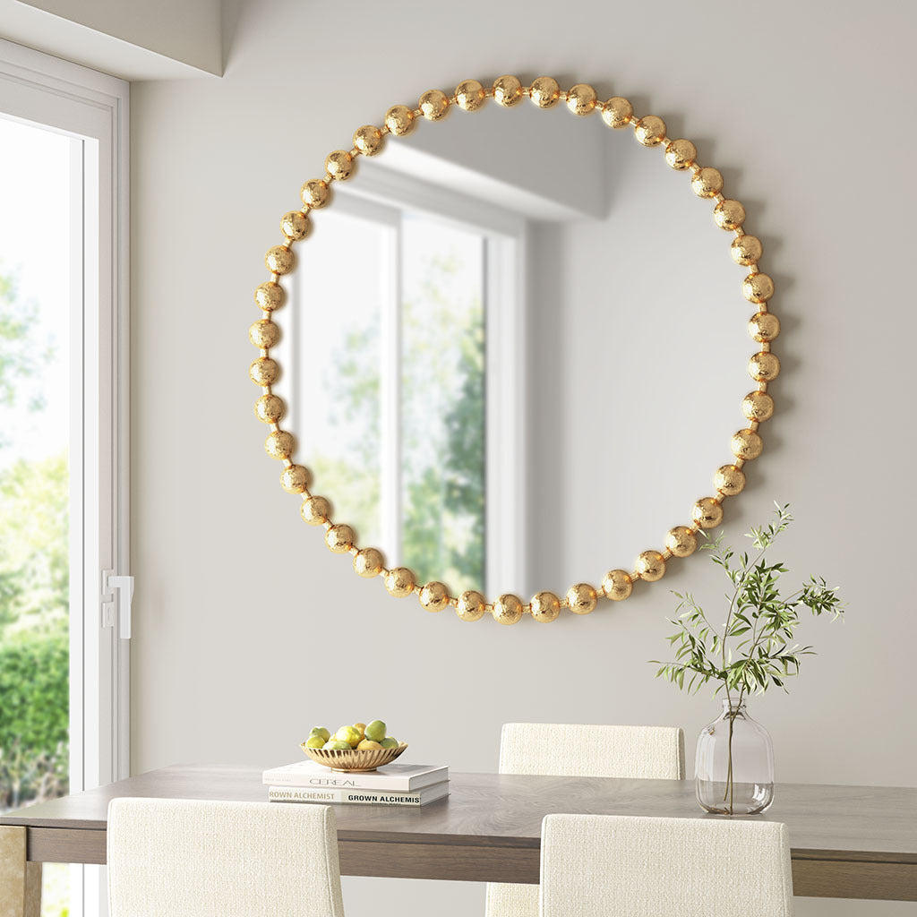 Beaded Round Wall Mirror 36"D gold-mdf