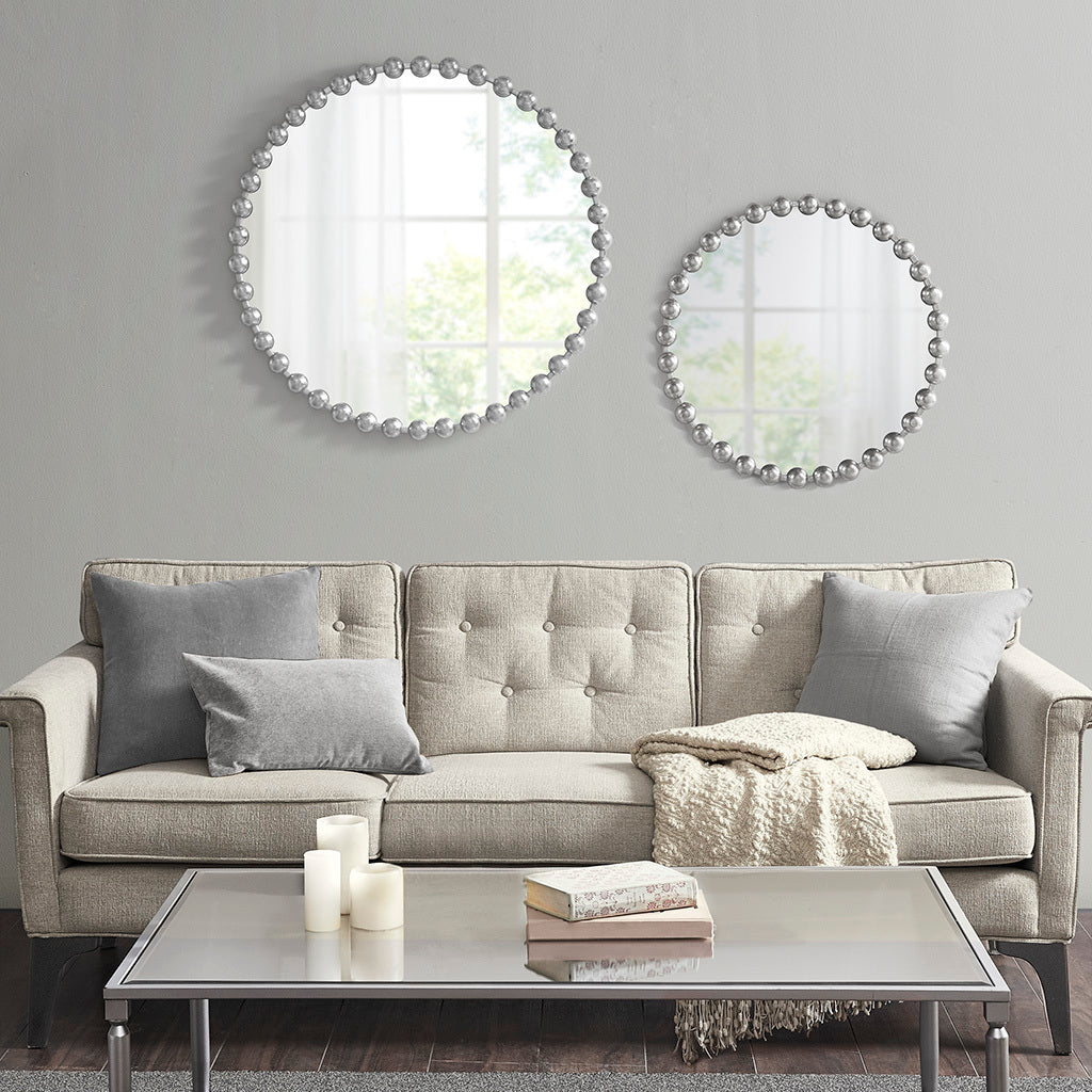 Beaded Round Wall Mirror 36"D silver-mdf