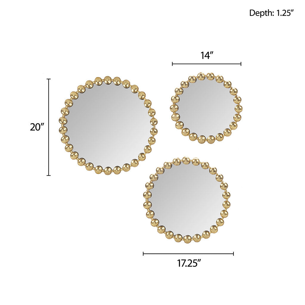 Gold Beaded Round Wall Mirror 3 piece set gold-mdf