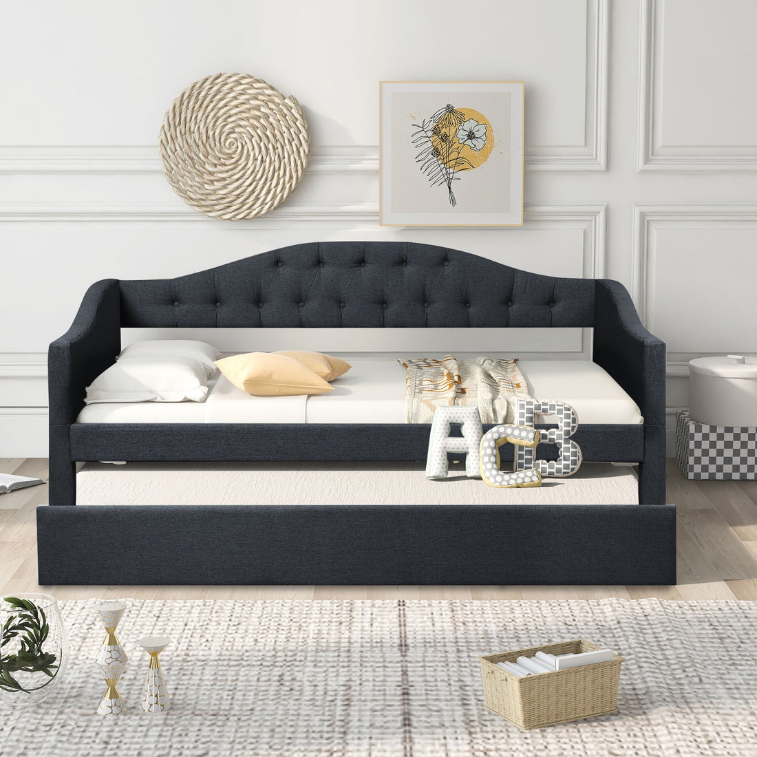 Upholstered Twin Size Daybed With Trundle, Dark