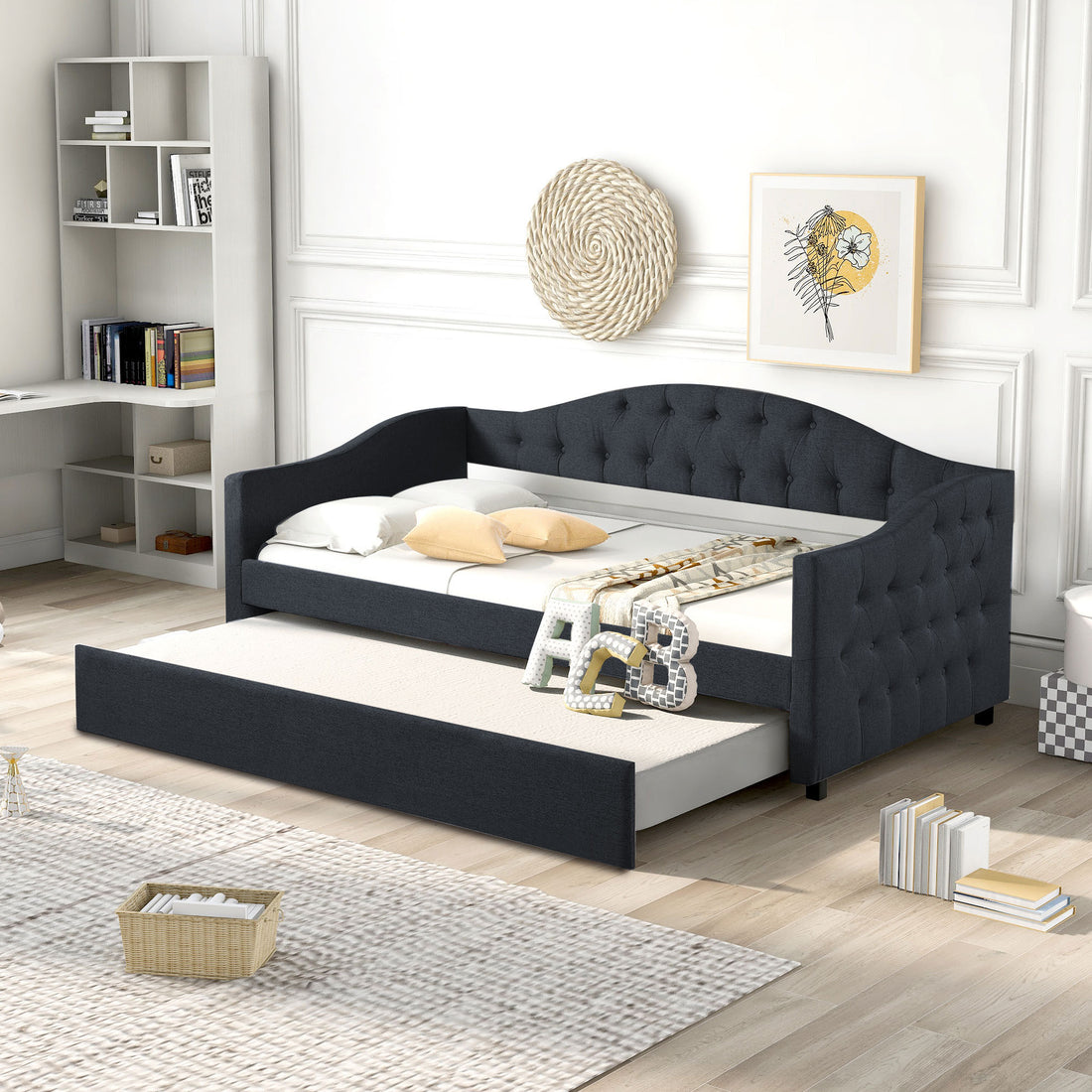 Upholstered Twin Size Daybed With Trundle, Dark