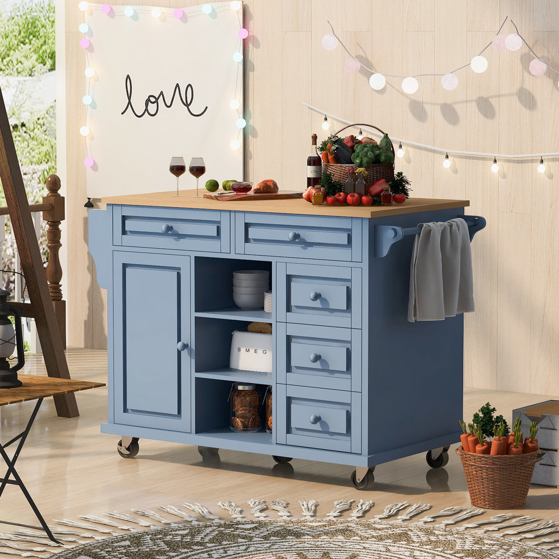 Kitchen Cart With Rubber Wood Desktop Rolling