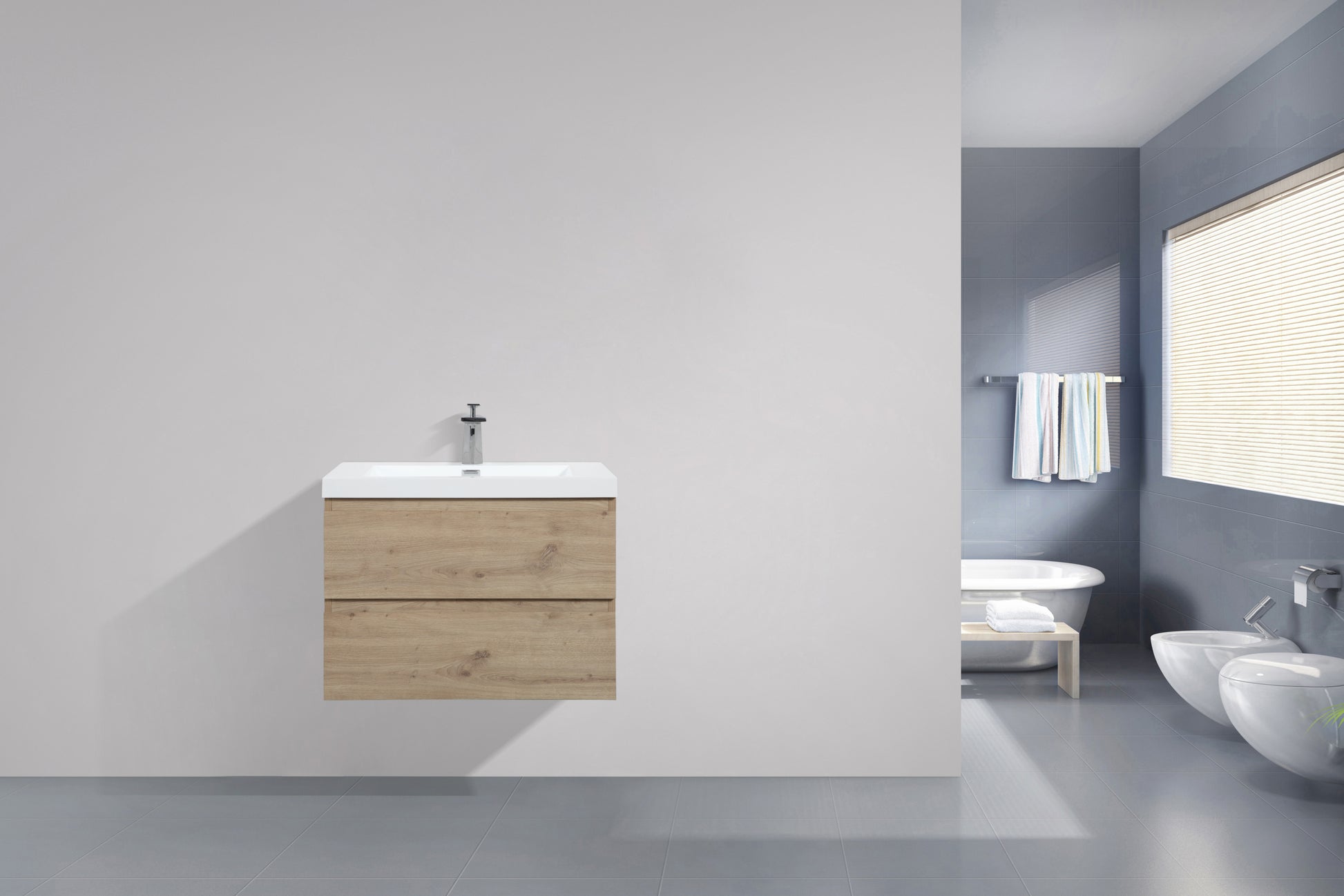 24'' Wall Mounted Single Bathroom Vanity in Natural natural wood-mdf