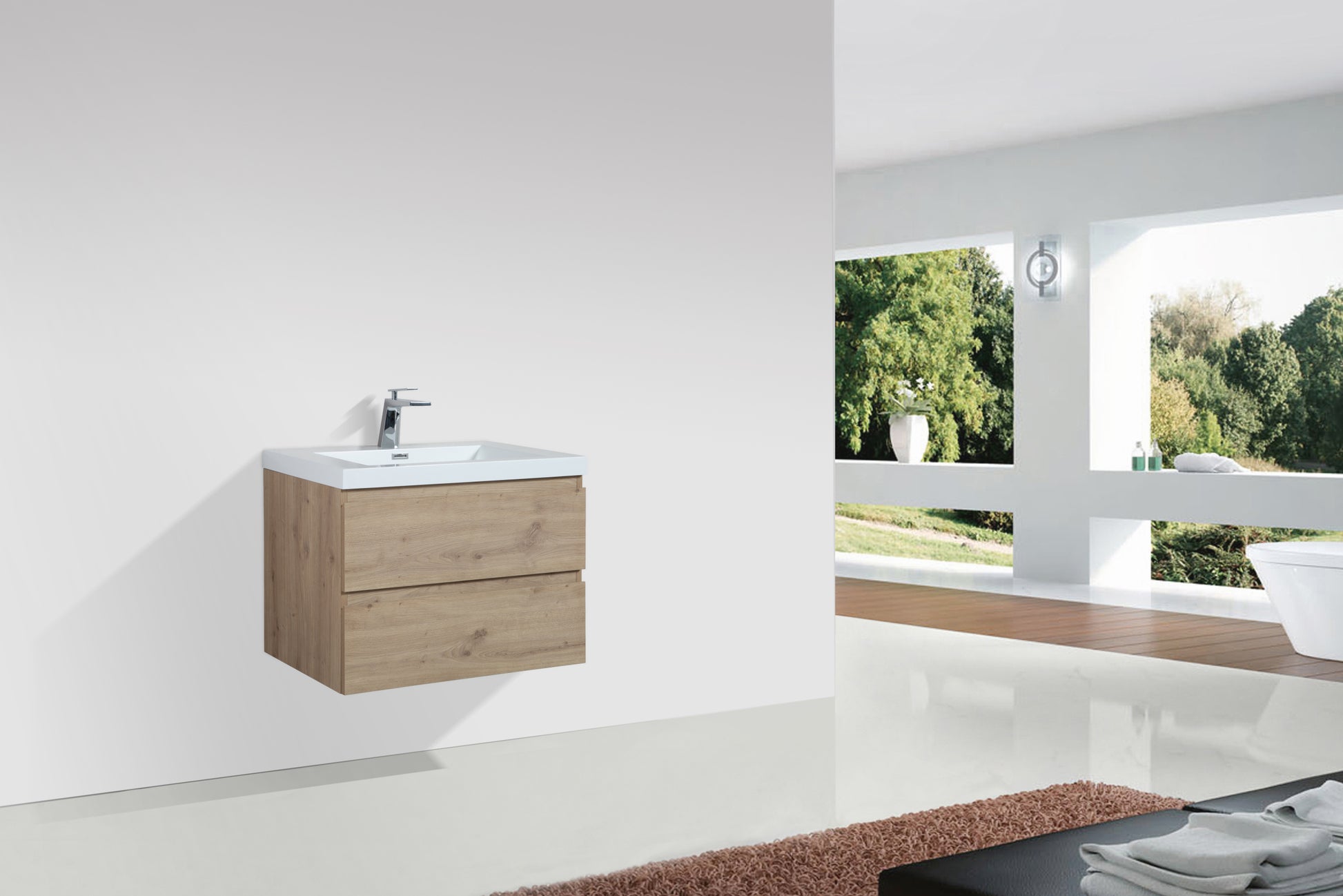 24'' Wall Mounted Single Bathroom Vanity in Natural natural wood-mdf