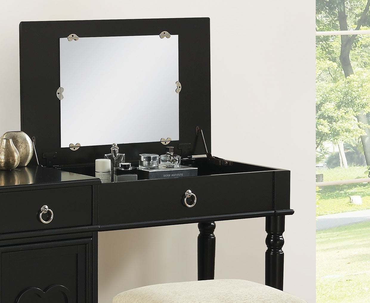 Bedroom Vanity Set w Stool Open Up Mirror Storage black-bedroom-traditional-poplar-rubber wood