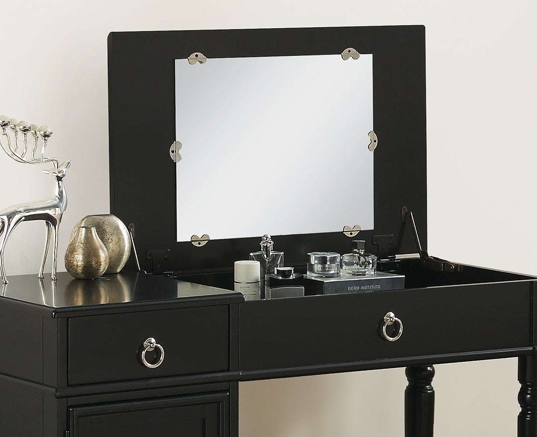 Bedroom Vanity Set w Stool Open Up Mirror Storage black-bedroom-traditional-poplar-rubber wood