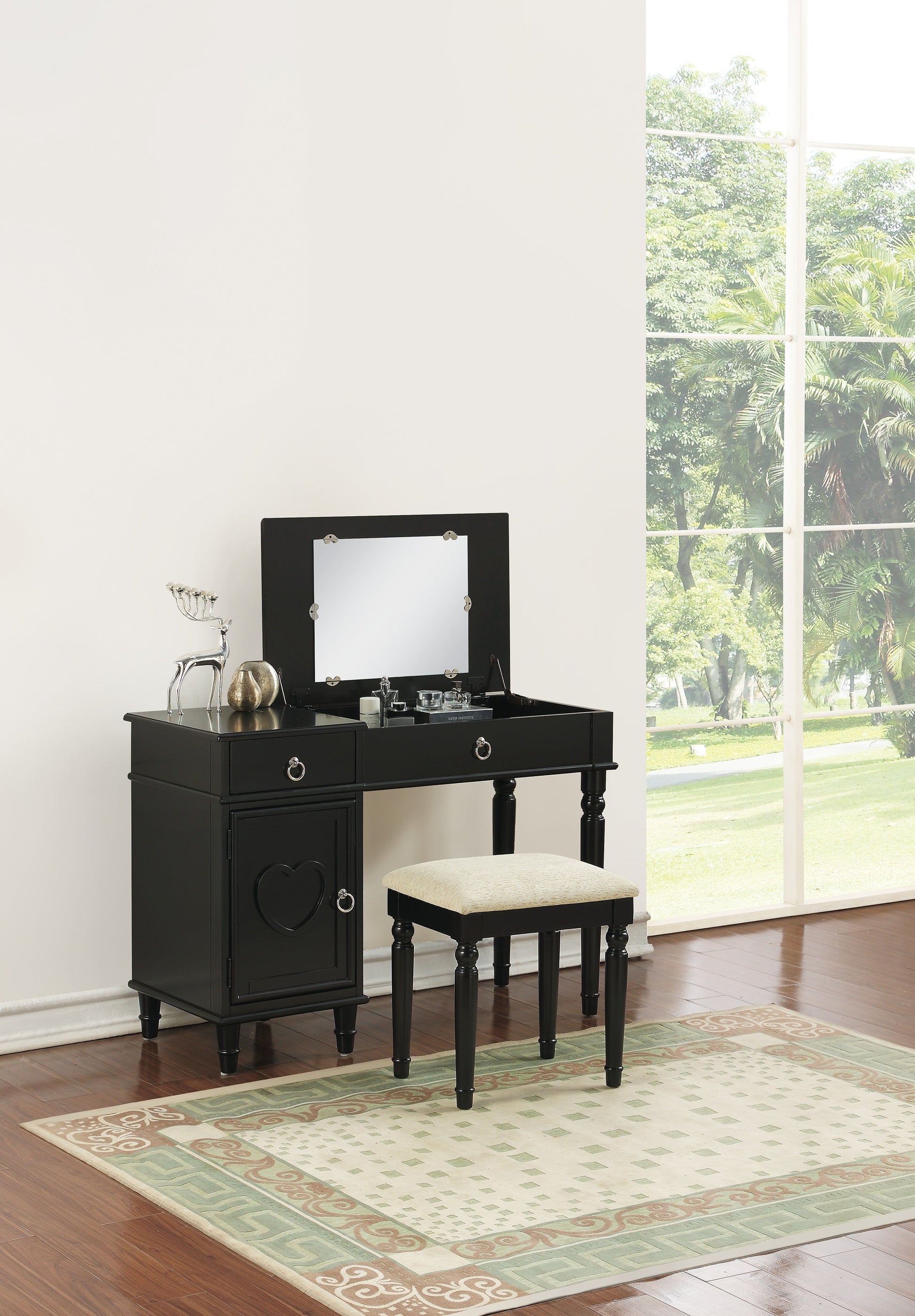 Bedroom Vanity Set w Stool Open Up Mirror Storage black-bedroom-traditional-poplar-rubber wood