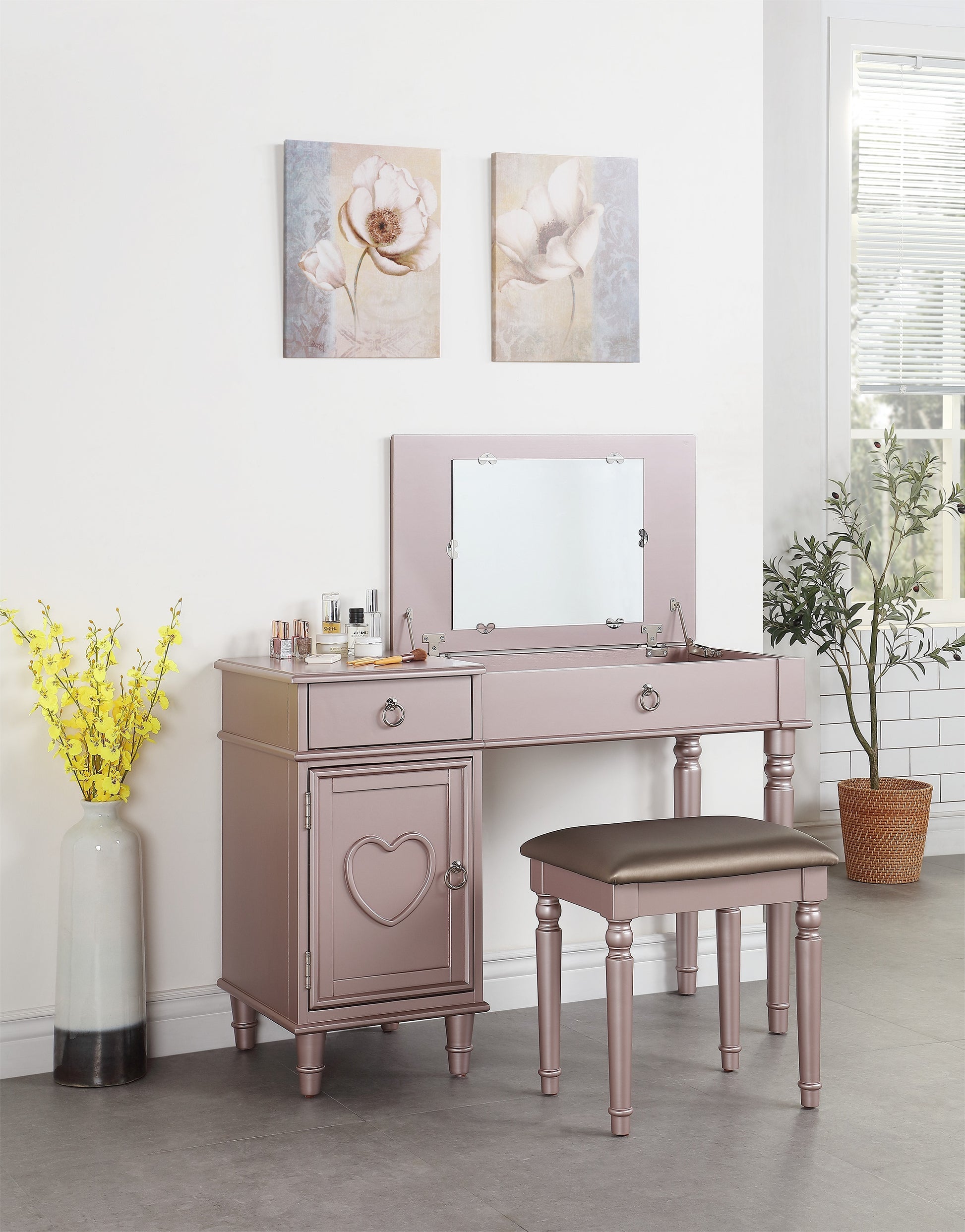 Bedroom Vanity Set w Stool Open Up Mirror Storage rose gold-bedroom-traditional-poplar-rubber wood