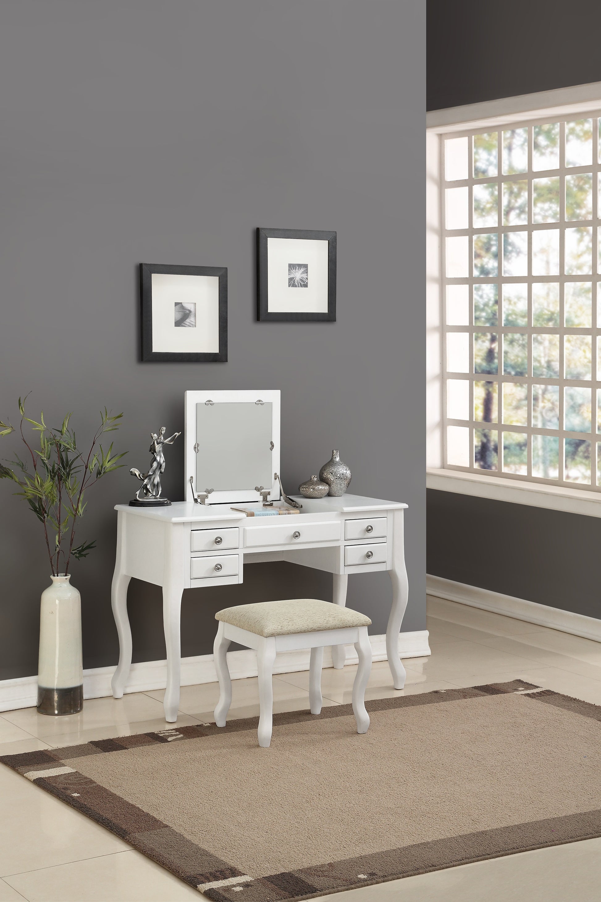 Classic 1pc Vanity Set w Stool White Color Drawers white-bedroom-contemporary-padded