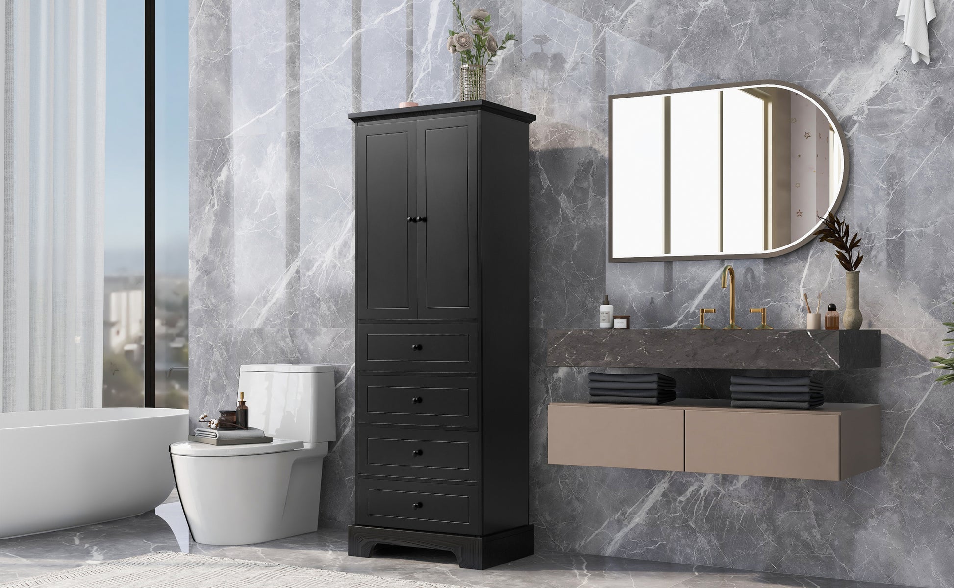 Storage Cabinet with 2 Doors and 4 Drawers for black-mdf