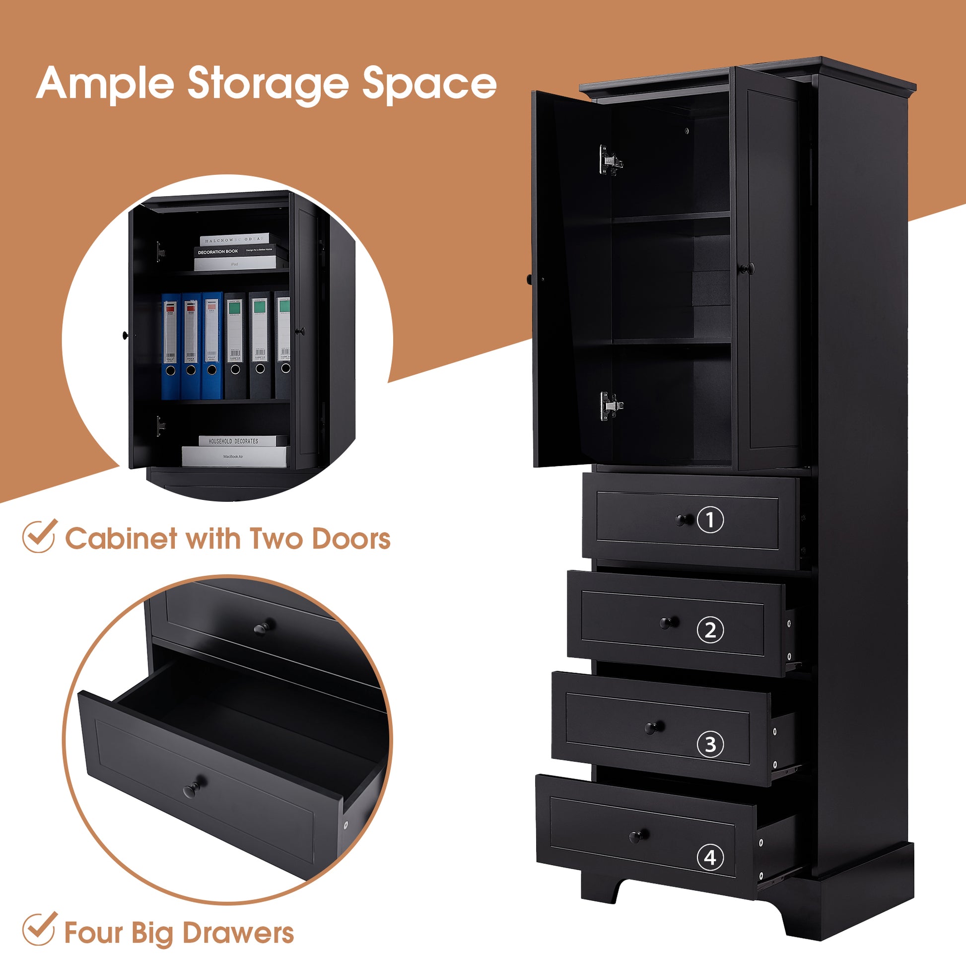 Storage Cabinet with 2 Doors and 4 Drawers for black-mdf