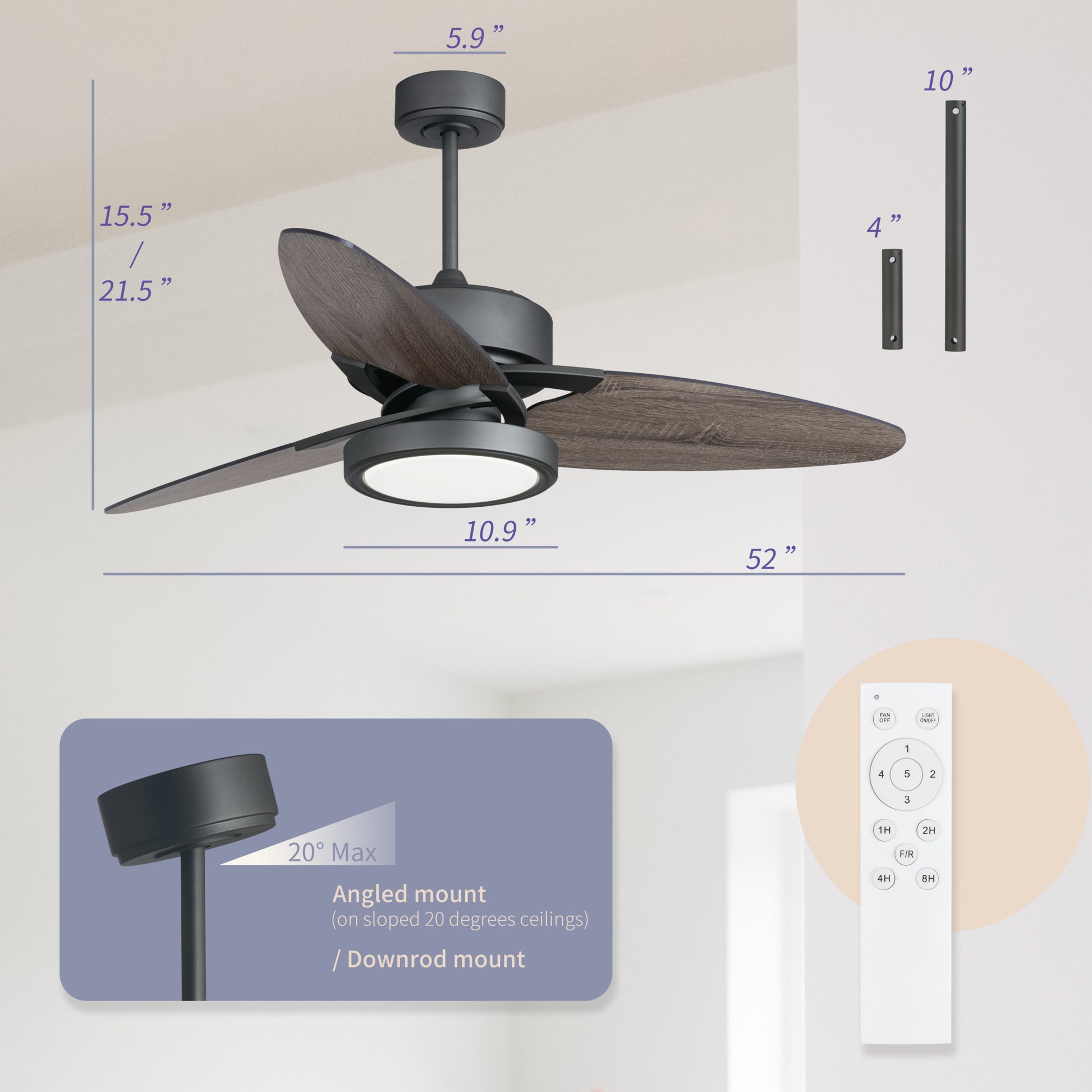 52 In Ceiling Fan Lighting with Dark Wood Blade black+brown-plywood