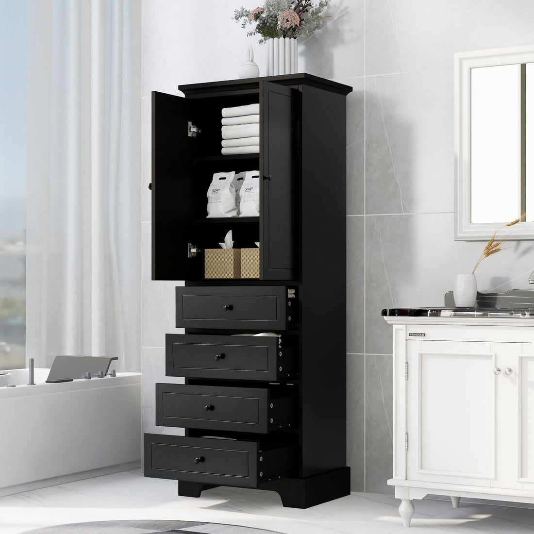 Storage Cabinet with 2 Doors and 4 Drawers for white-mdf