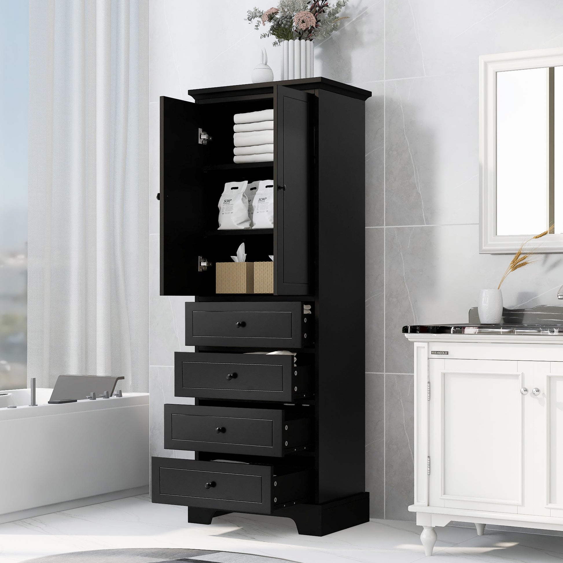 Storage Cabinet with 2 Doors and 4 Drawers for black-mdf