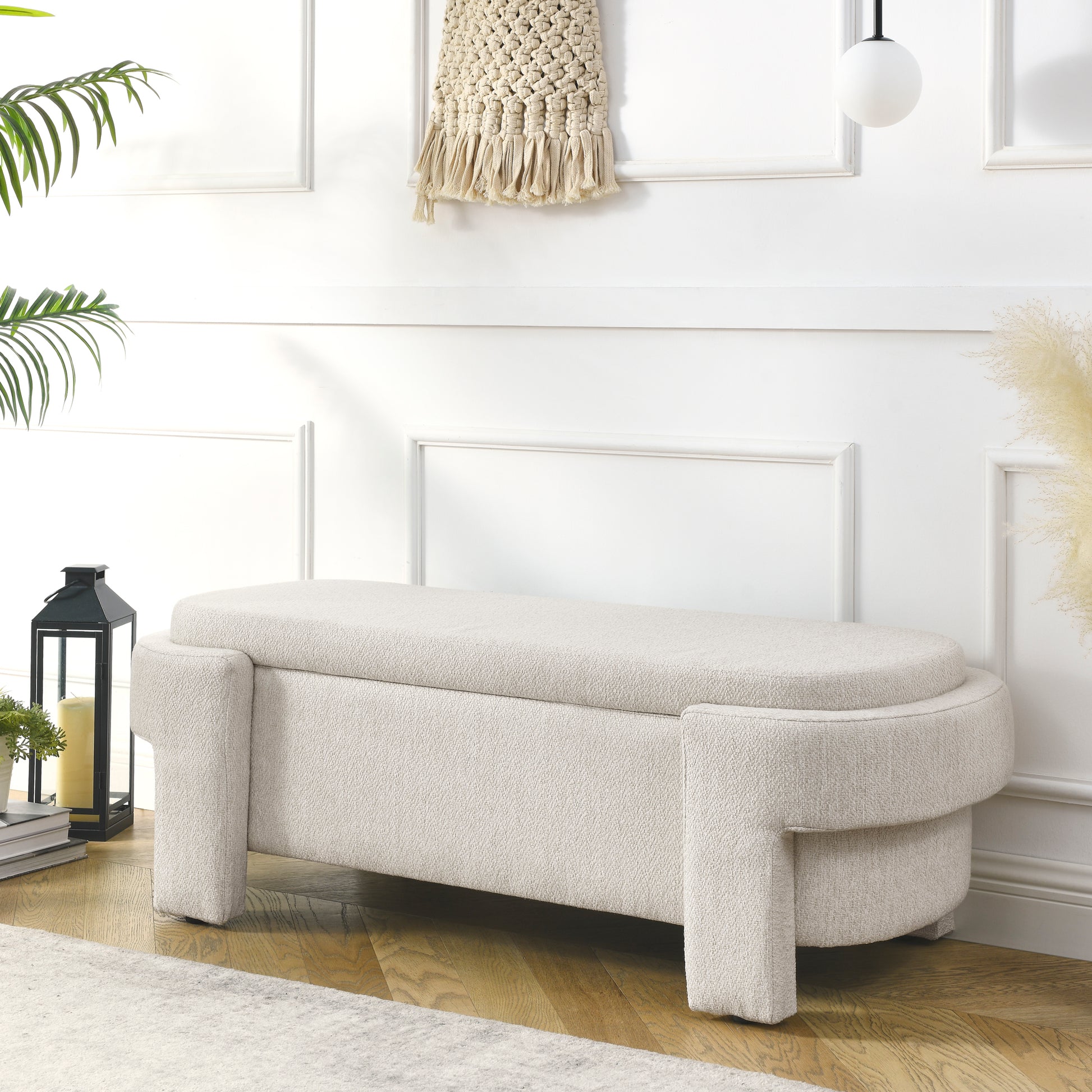 Linen Fabric Upholstered Bench with Large Storage beige-foam