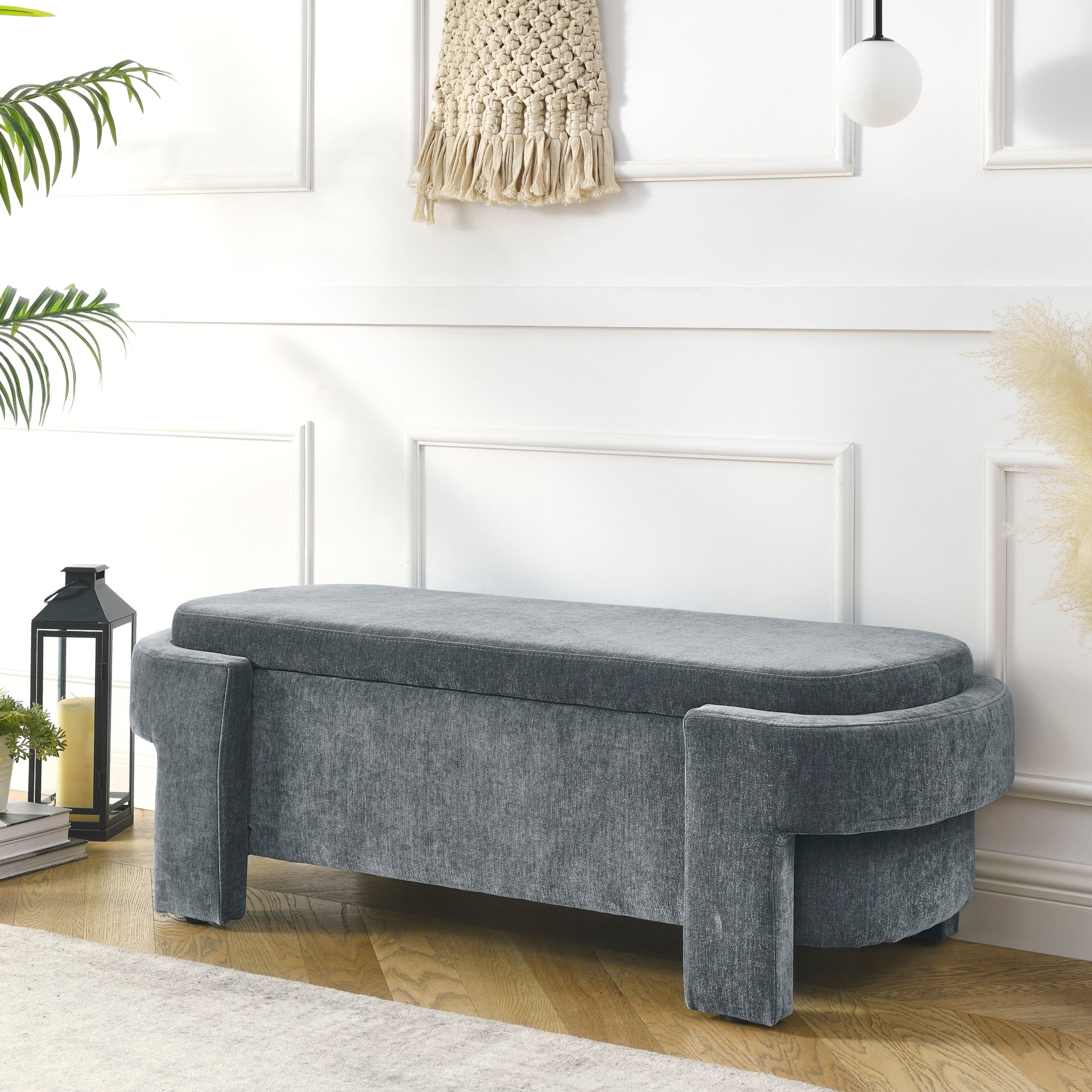 Chenille Upholstered Bench with Large Storage Space grey-foam