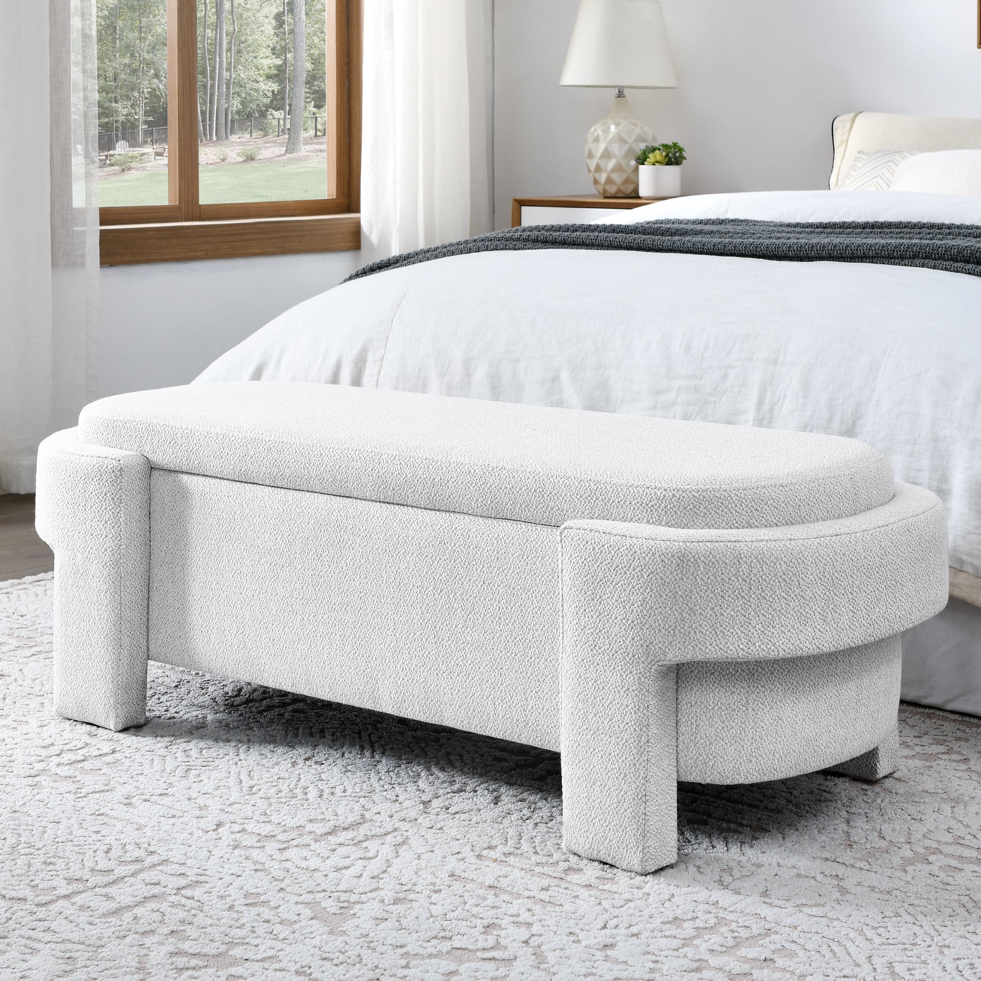 Linen Fabric Upholstered Bench with Large Storage white-foam