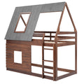 Wood Twin Size House Bunk Bed With Roof, Ladder