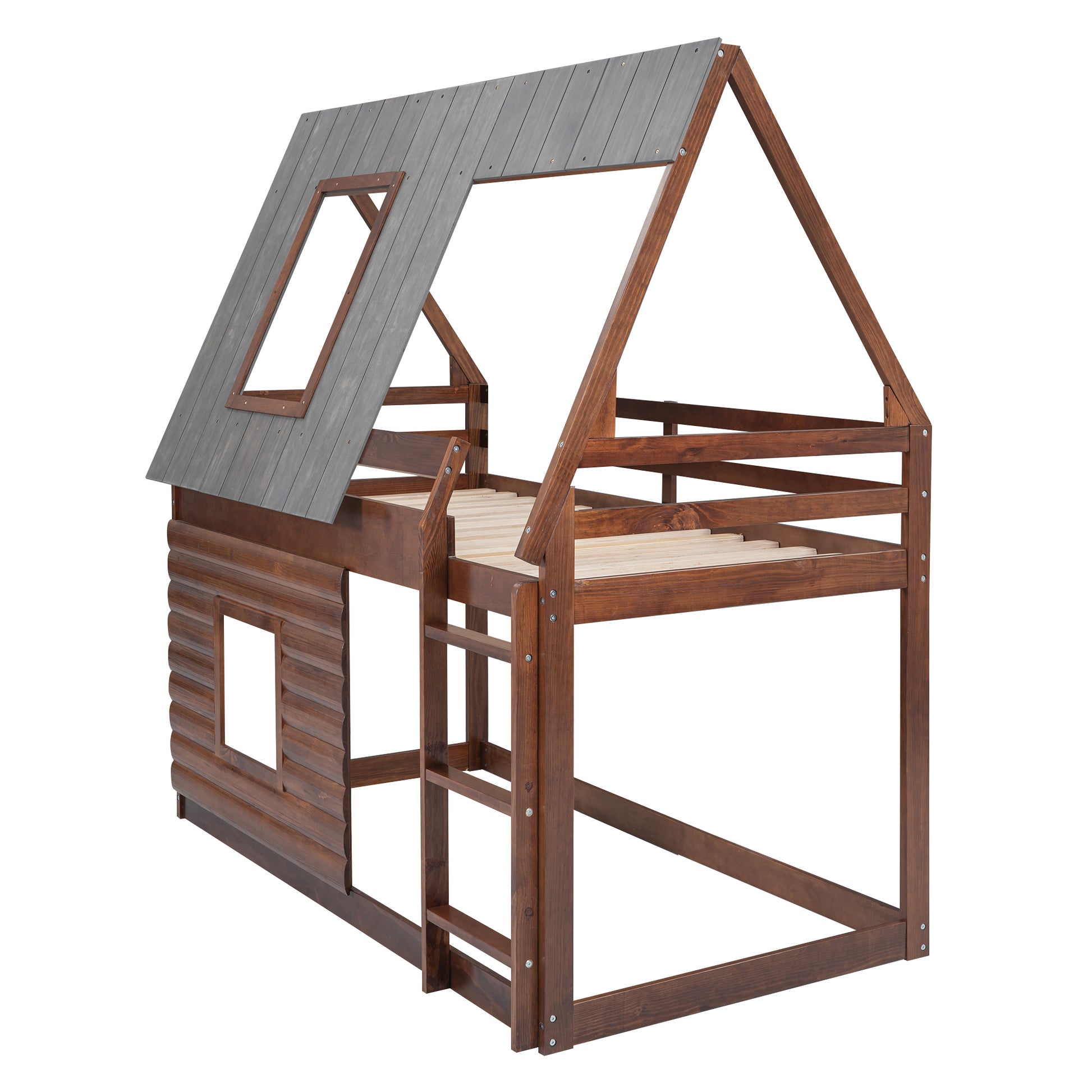 Wood Twin Size House Bunk Bed With Roof, Ladder