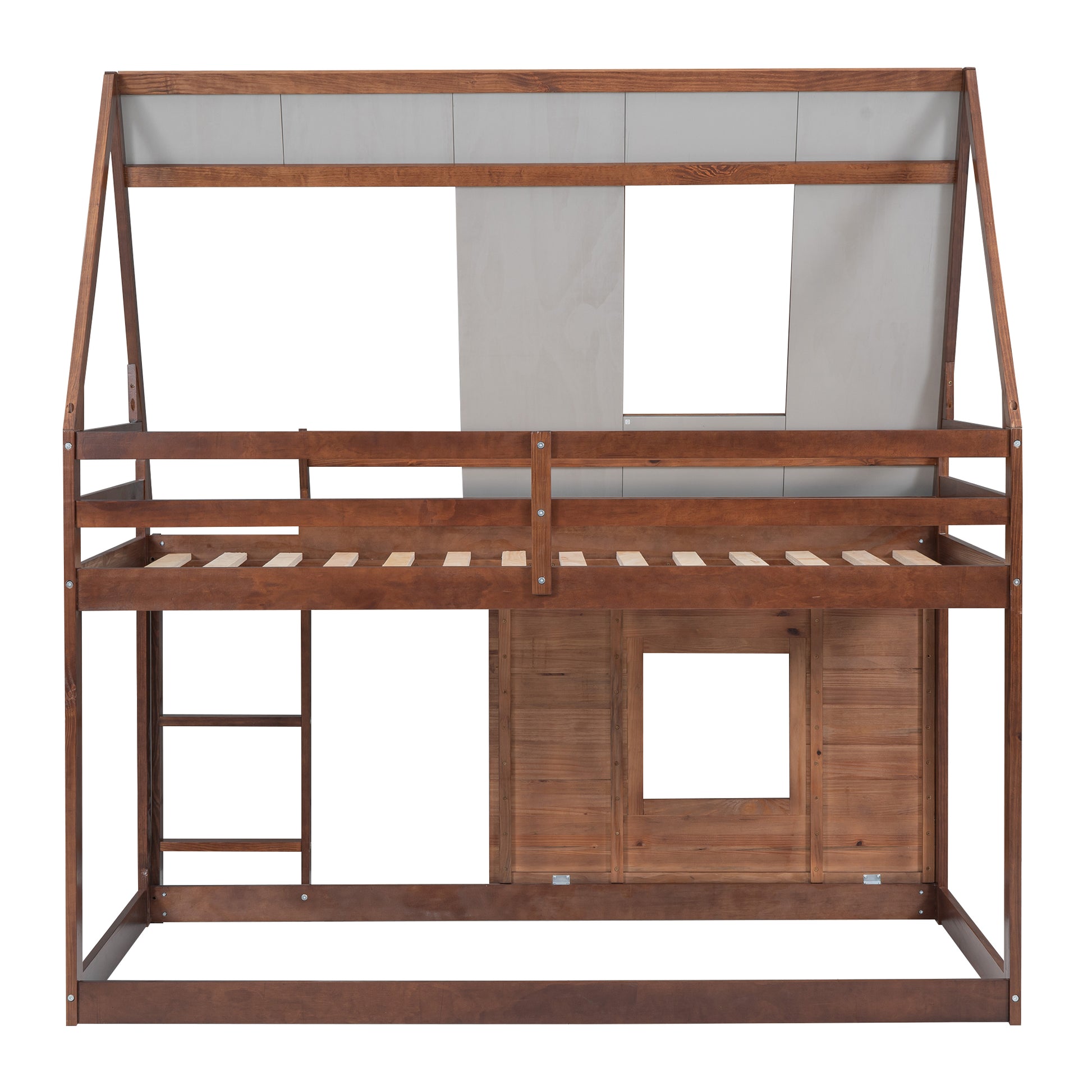 Wood Twin Size House Bunk Bed With Roof, Ladder