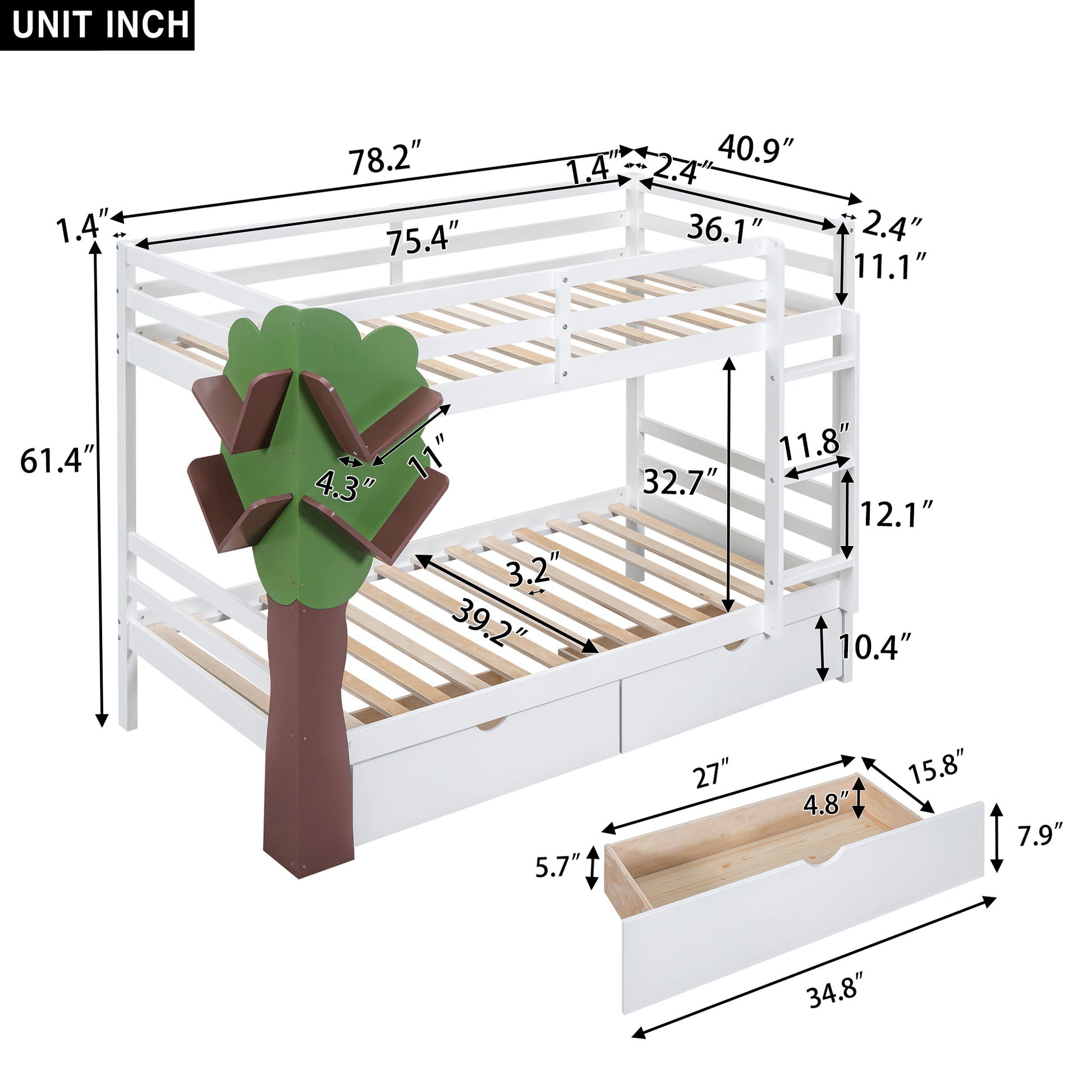 Twin Over Twin Bunk Bed with a Tree Decor and Two white-solid wood