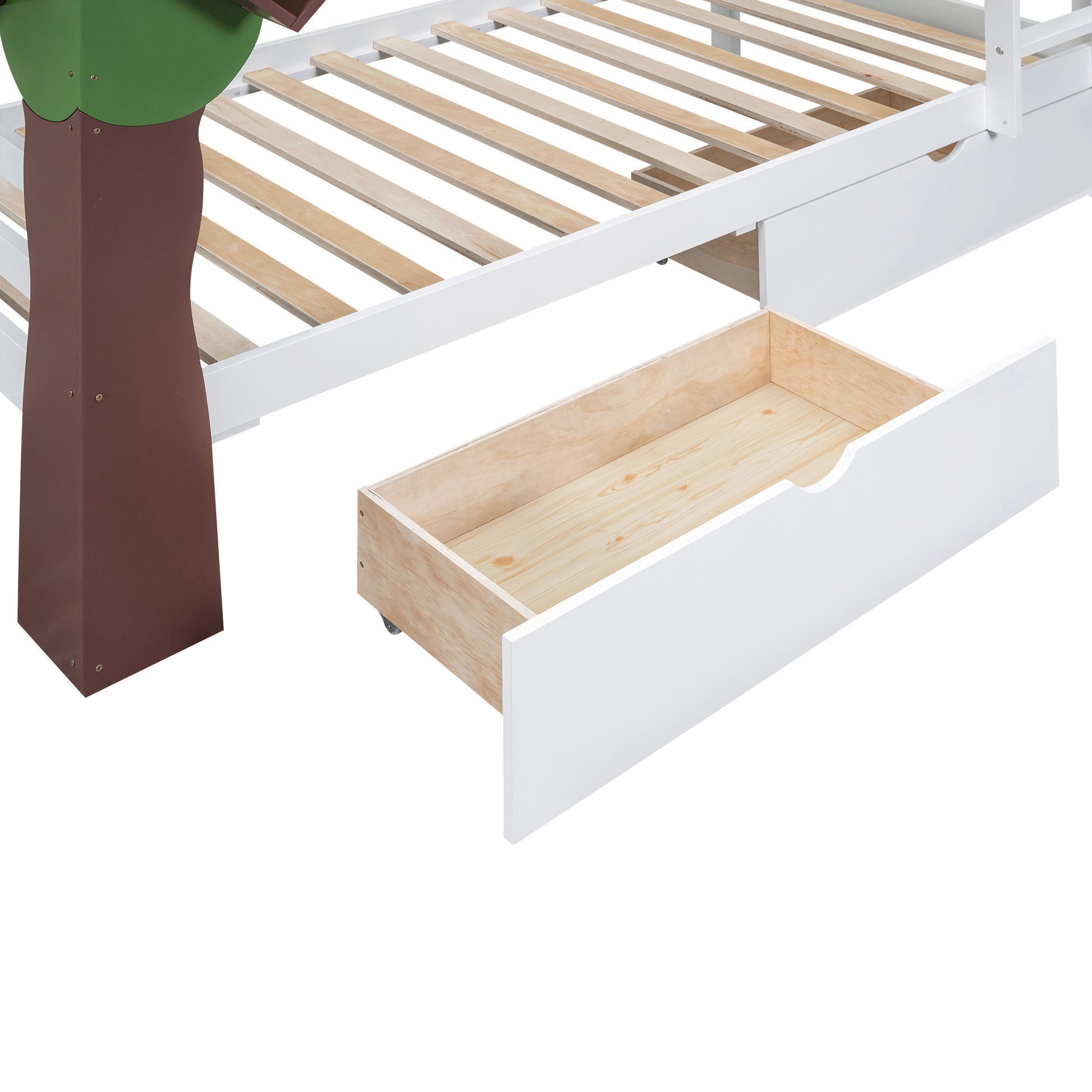 Twin Over Twin Bunk Bed with a Tree Decor and Two white-solid wood