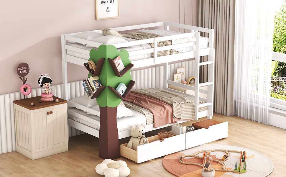 Twin Over Twin Bunk Bed with a Tree Decor and Two white-solid wood