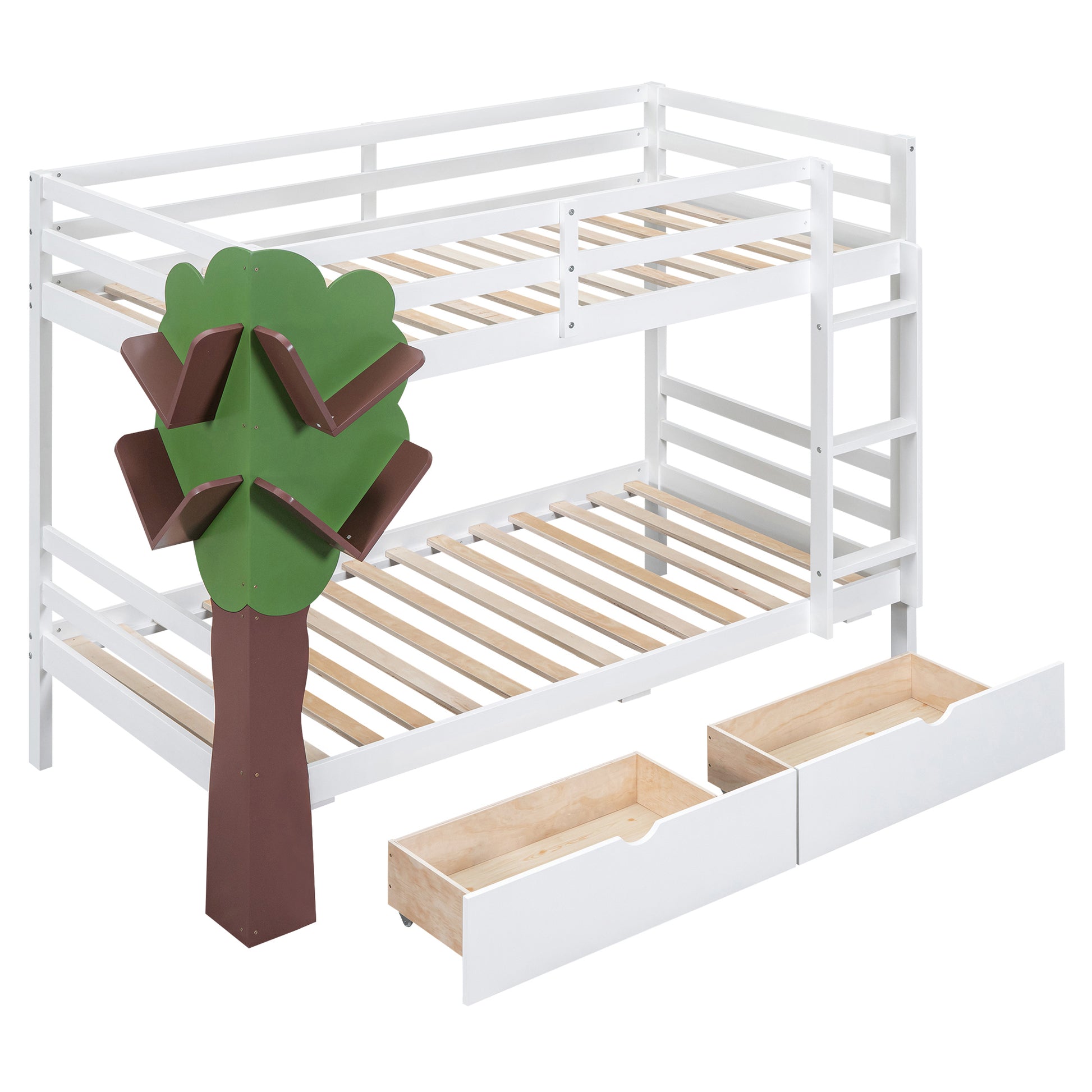 Twin Over Twin Bunk Bed with a Tree Decor and Two white-solid wood