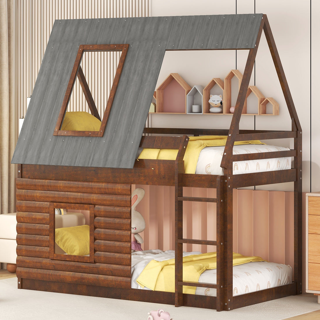 Wood Twin Size House Bunk Bed With Roof, Ladder