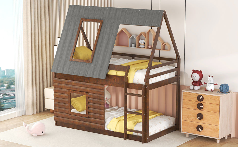 Wood Twin Size House Bunk Bed With Roof, Ladder