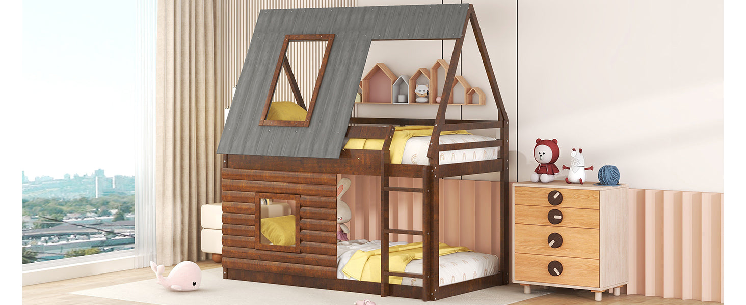 Wood Twin Size House Bunk Bed With Roof, Ladder